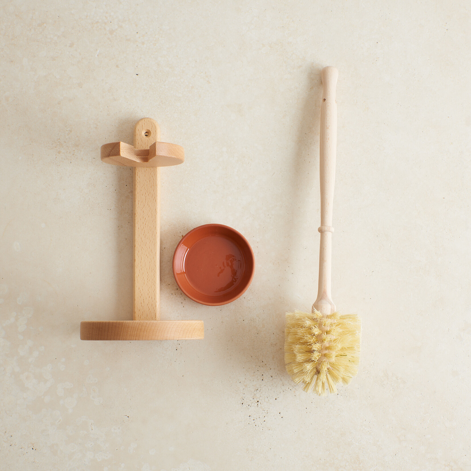 Enamel toilet brush holder and wooden brush