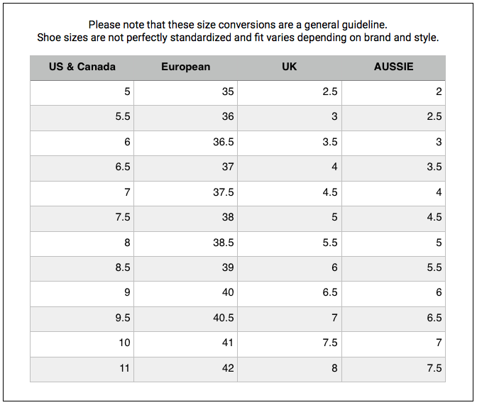 Footwear Size Guide