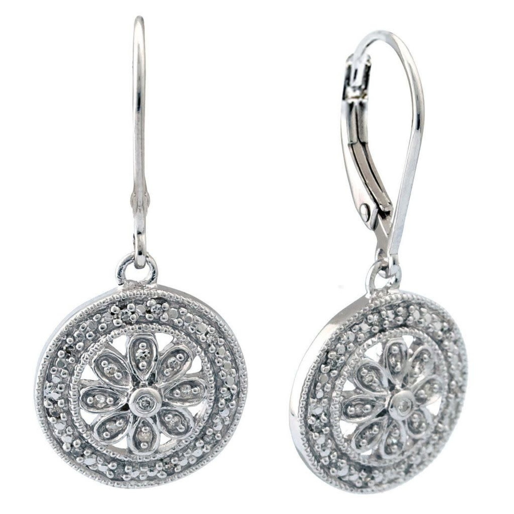 Sterling Silver Round Diamond Filigree Drop Earrings