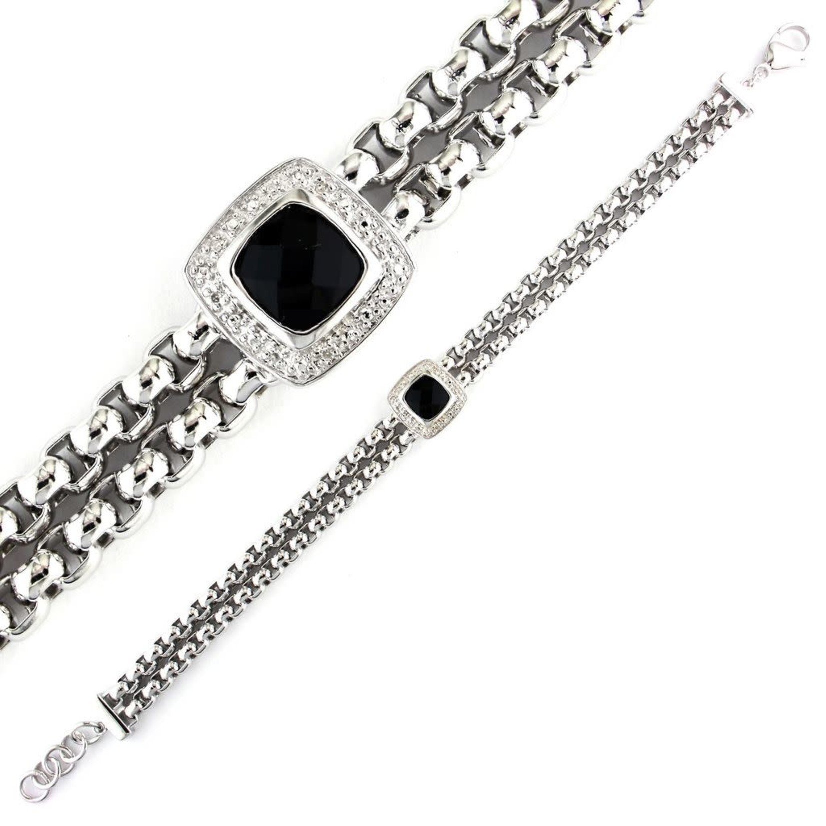 Sterling Steel Black Agate & Diamond 0.02ctw Bracelet 7"-8"