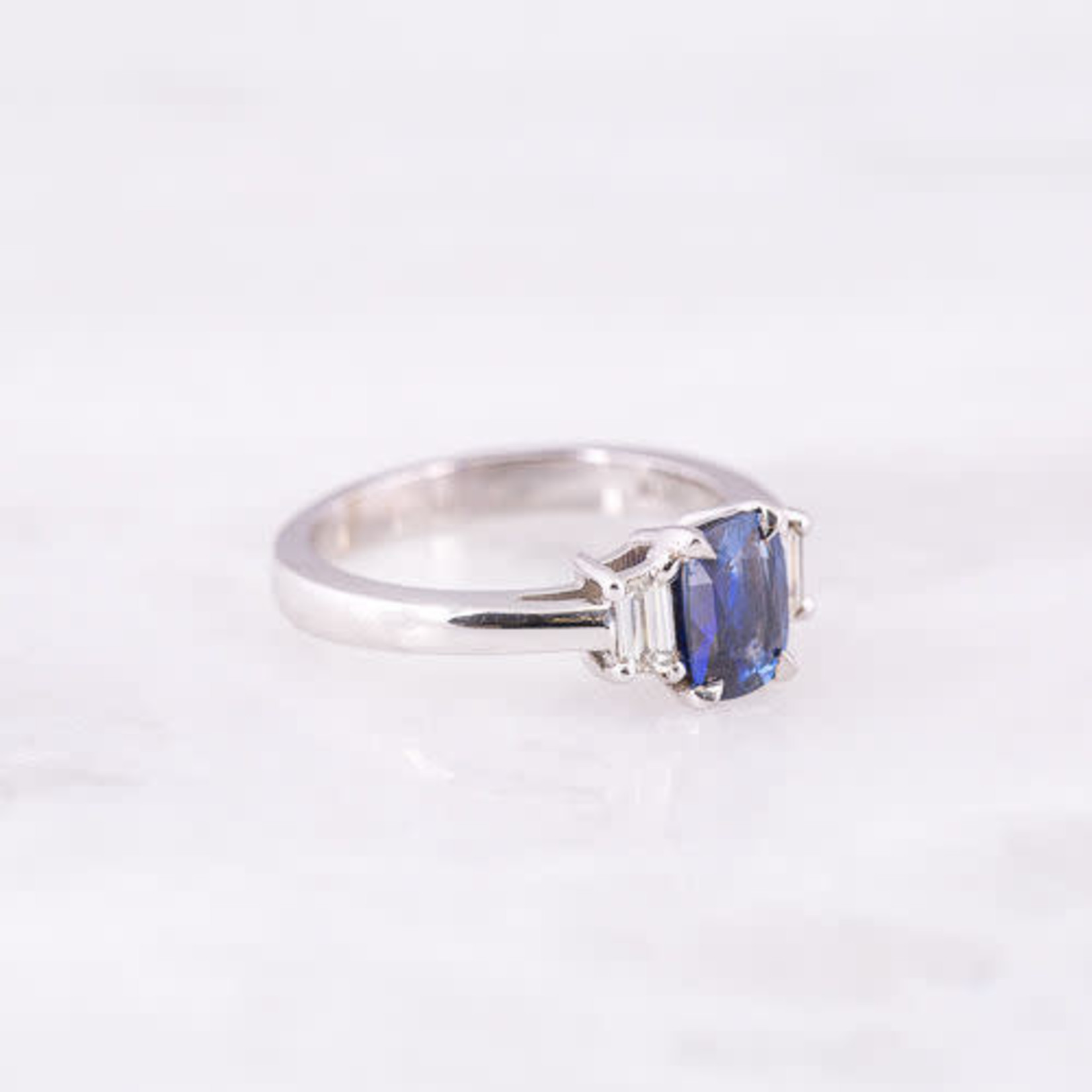 14K Gold Cushion Sapphire & Trapezoid Diamond Ring