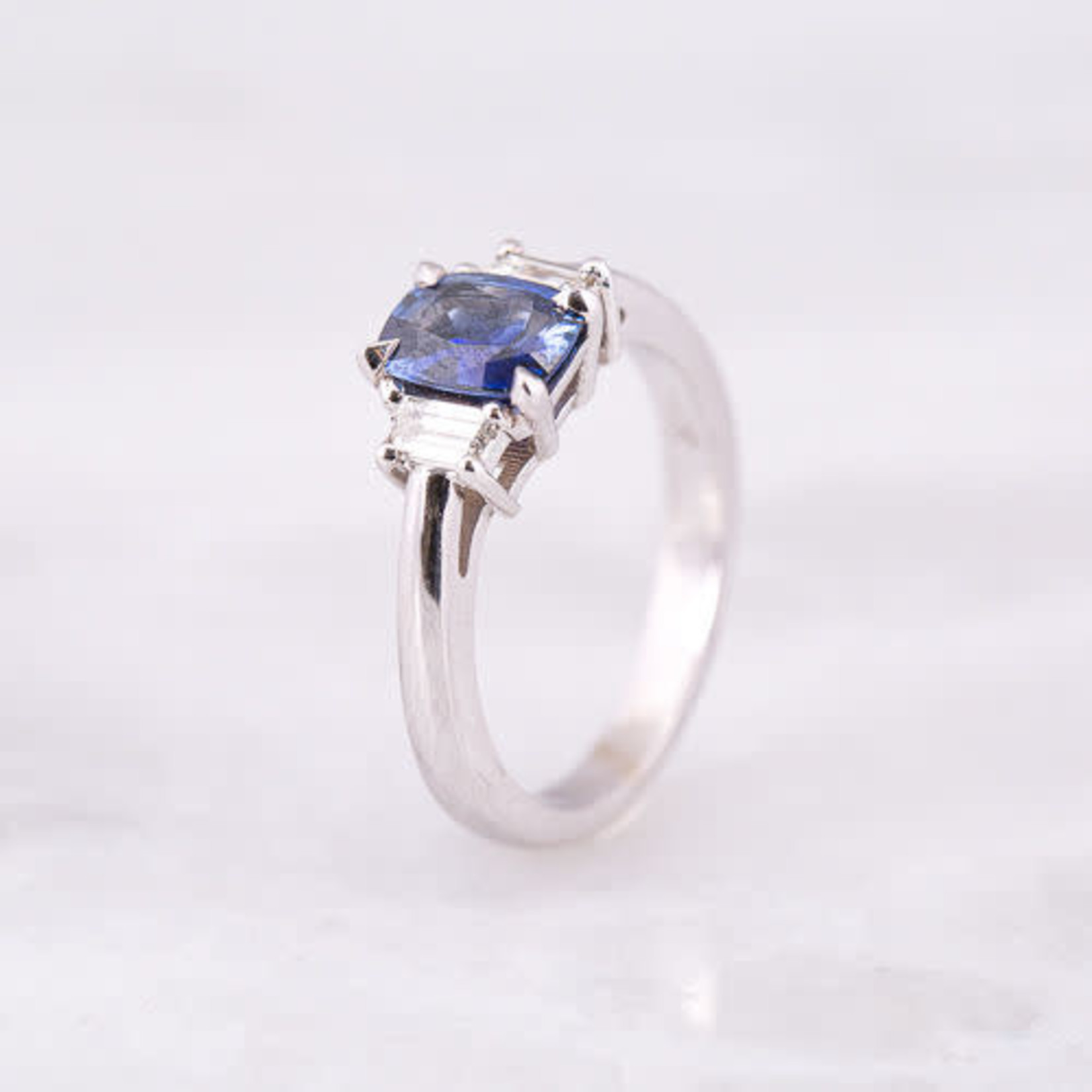 14K Gold Cushion Sapphire & Trapezoid Diamond Ring