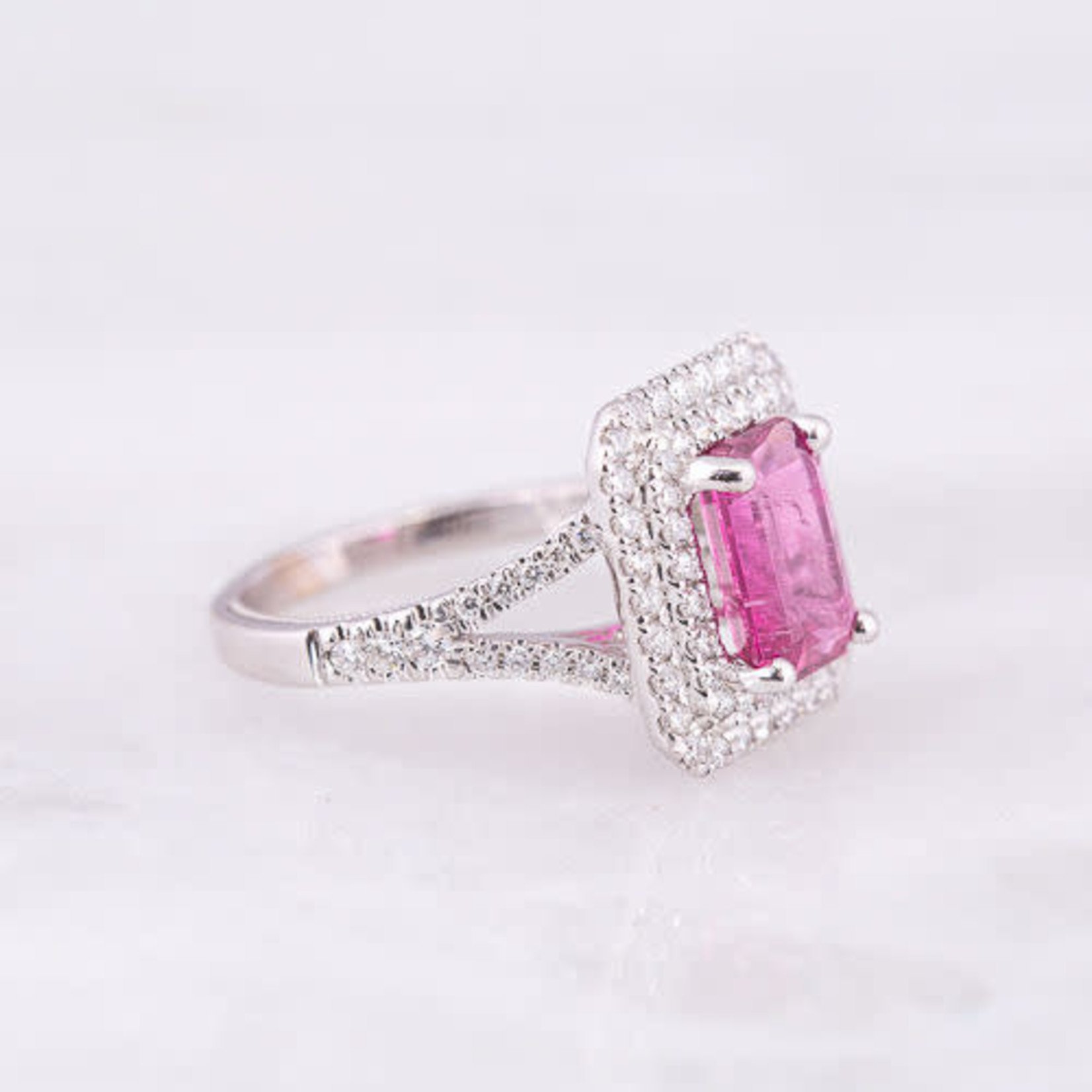 18KW Gold Emerald Cut Pink Tourmaline & Diamond Ring