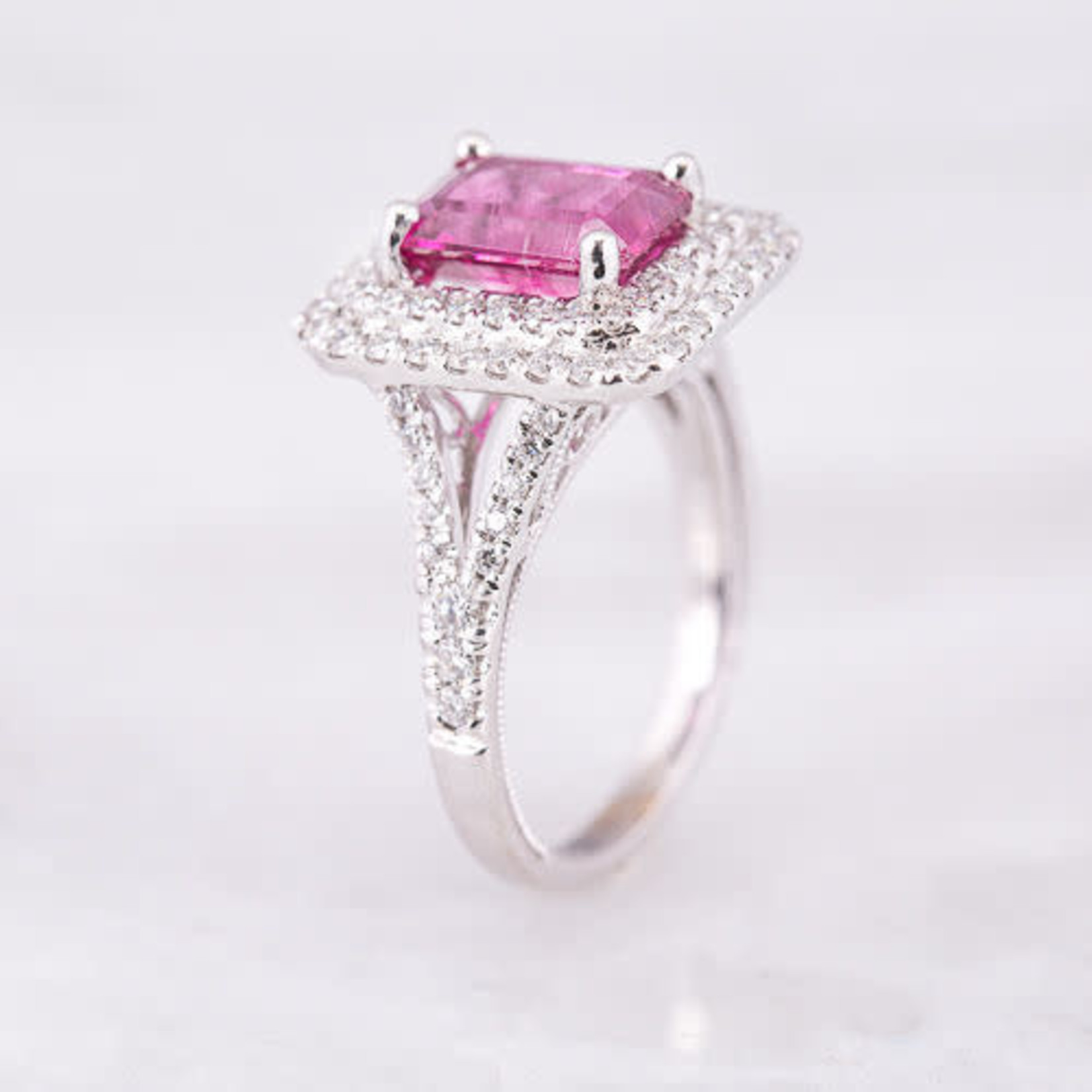 18KW Gold Emerald Cut Pink Tourmaline & Diamond Ring