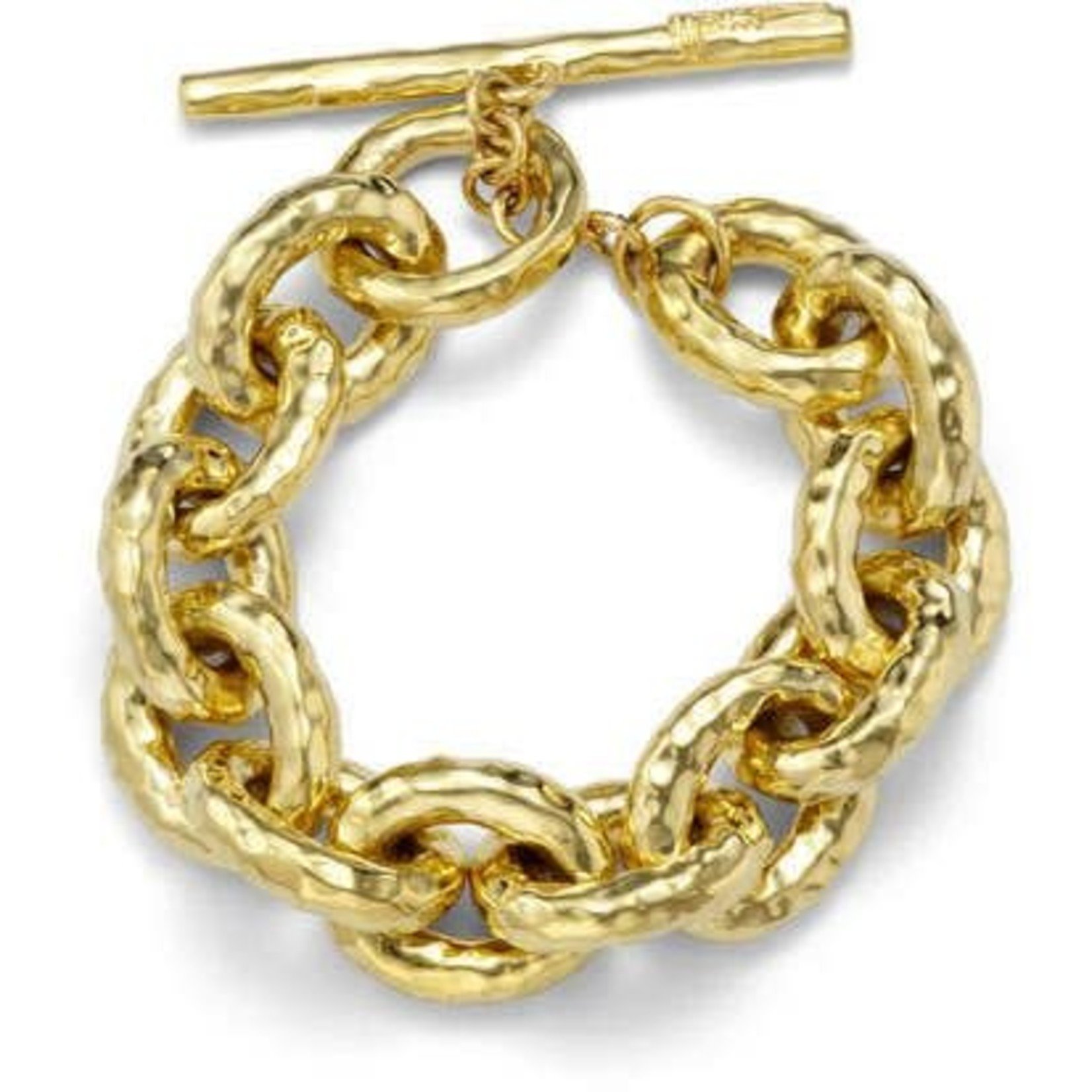 18K Yellow Gold Hammered Chain Link Bracelet Made in Italy