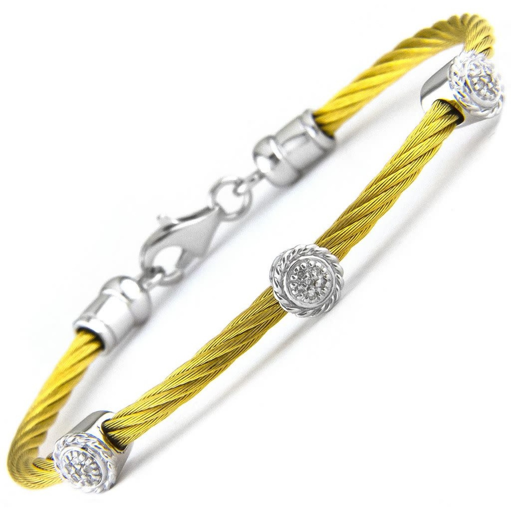 Yellow Gold Sterling Steel Diamond 0.05ctw Round Cluster Cable Bracelet