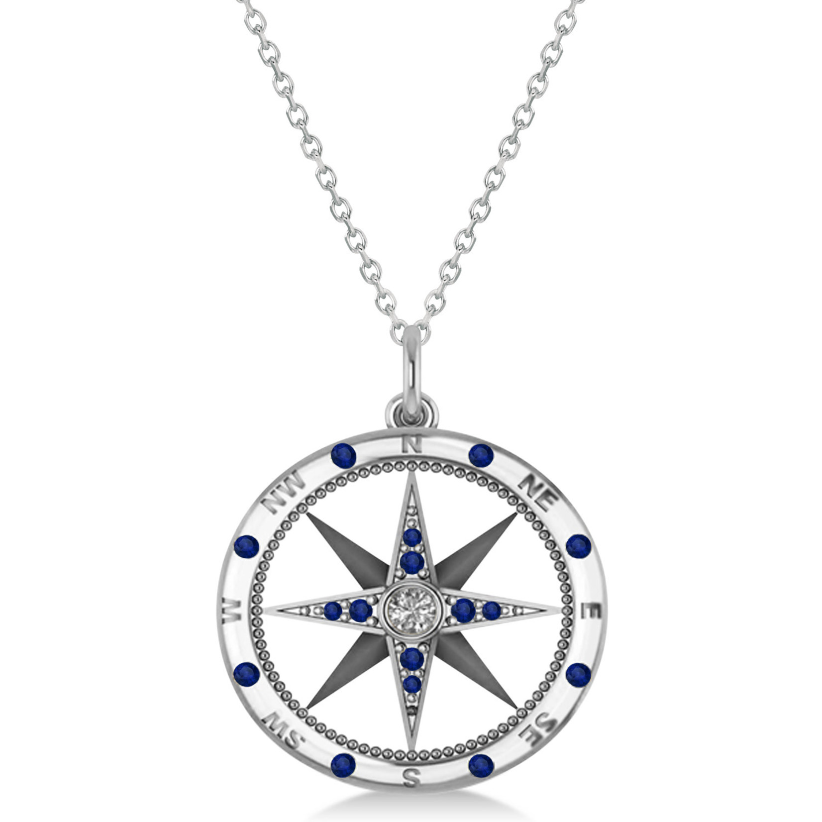 14K White Gold Sapphire & Diamond Compass Rose Pendant