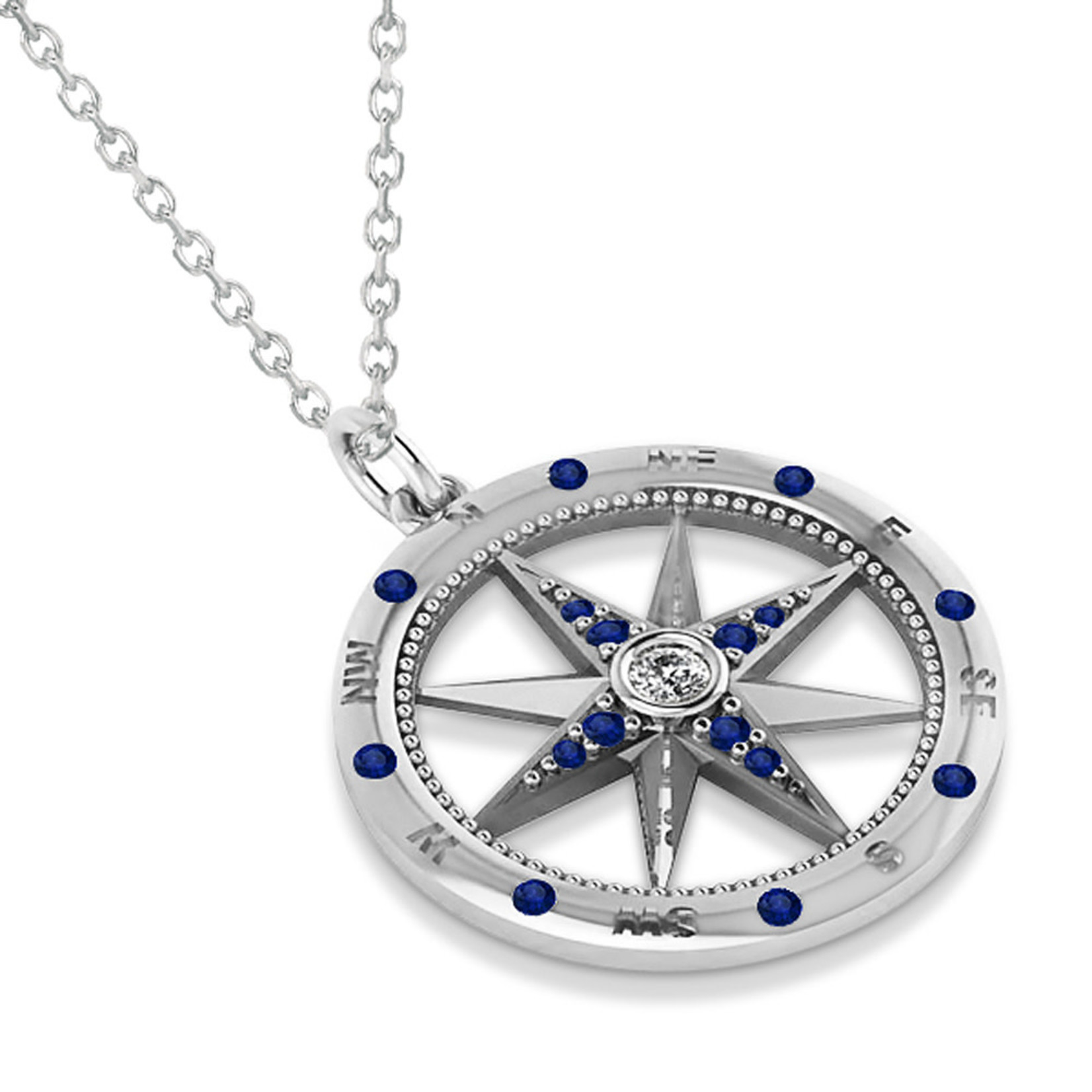 14K White Gold Sapphire & Diamond Compass Rose Pendant