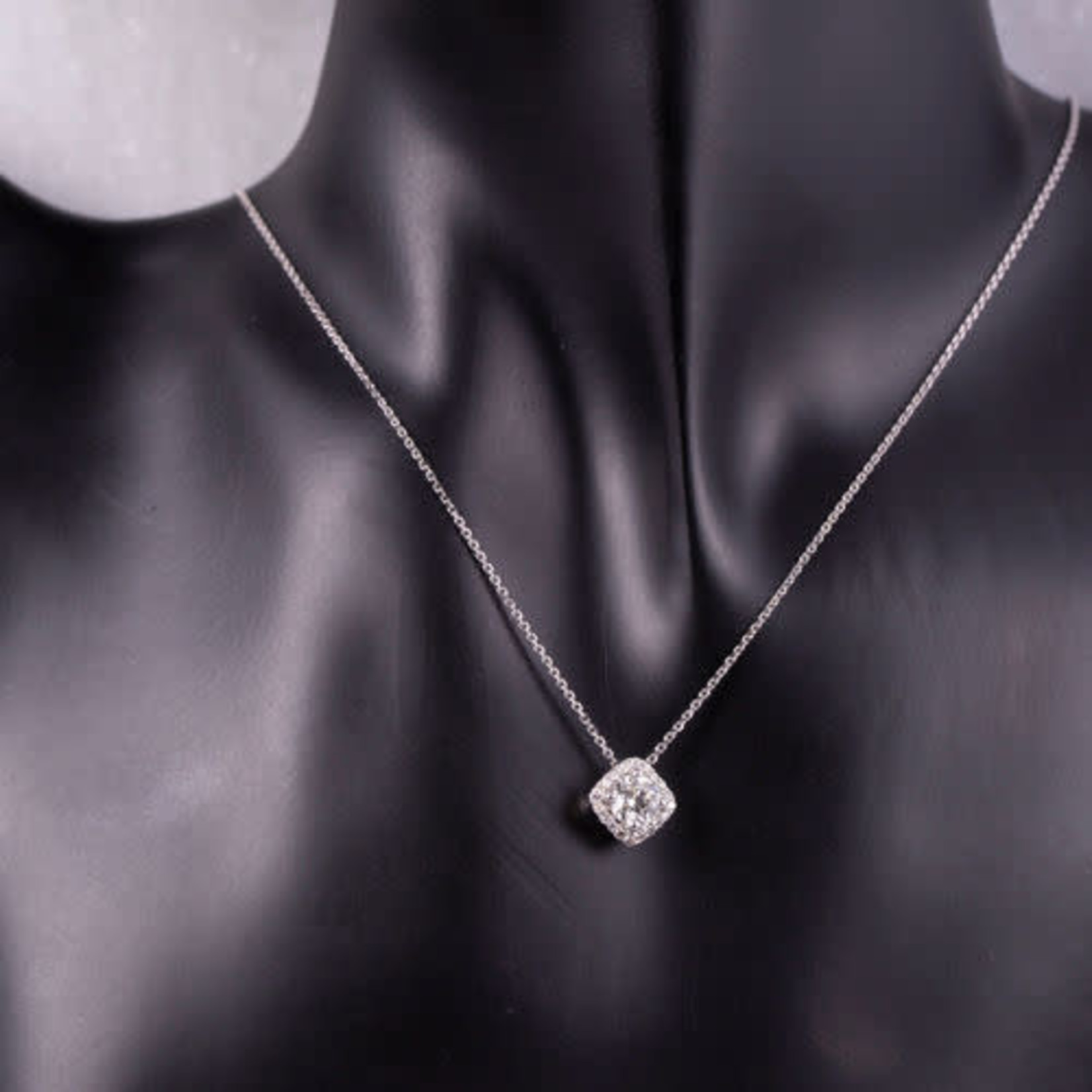 14K White Gold Round Diamond Cushion Halo Pendant