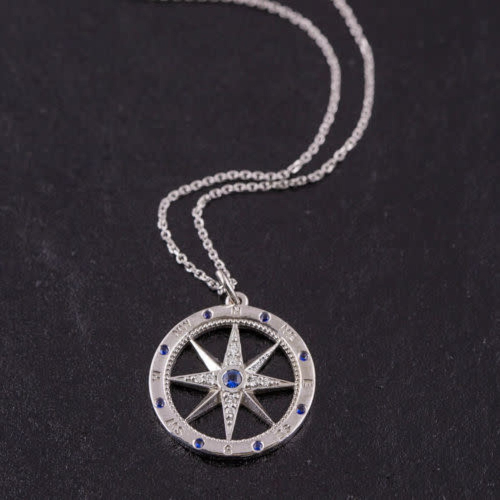 14K White Gold Sapphire & Diamond Compass Rose Pendant