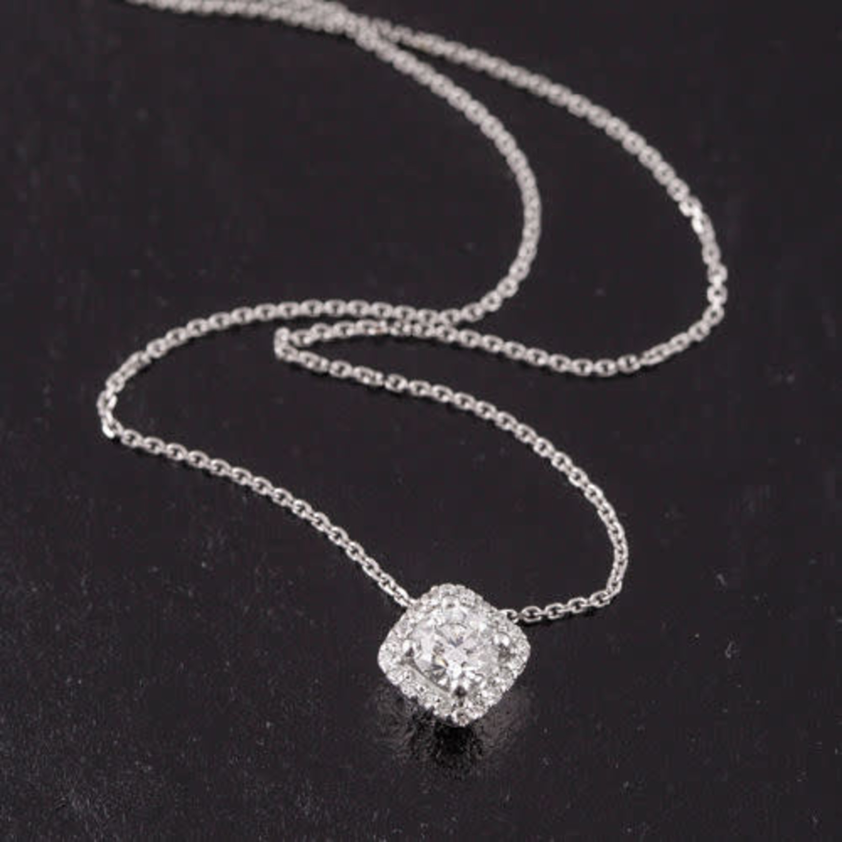 14K White Gold Round Diamond Cushion Halo Pendant