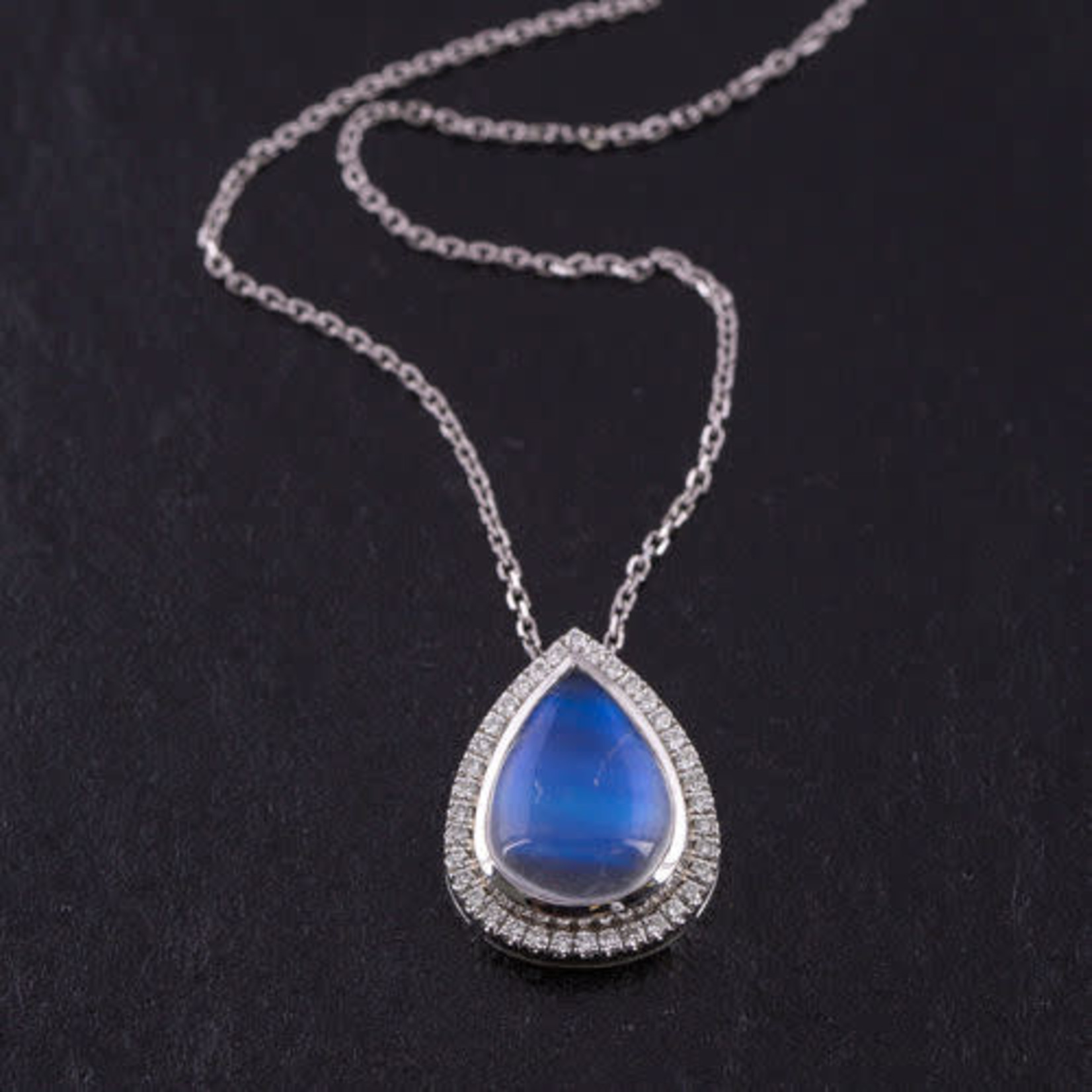 14K White Gold Moonstone & Diamond Pendant