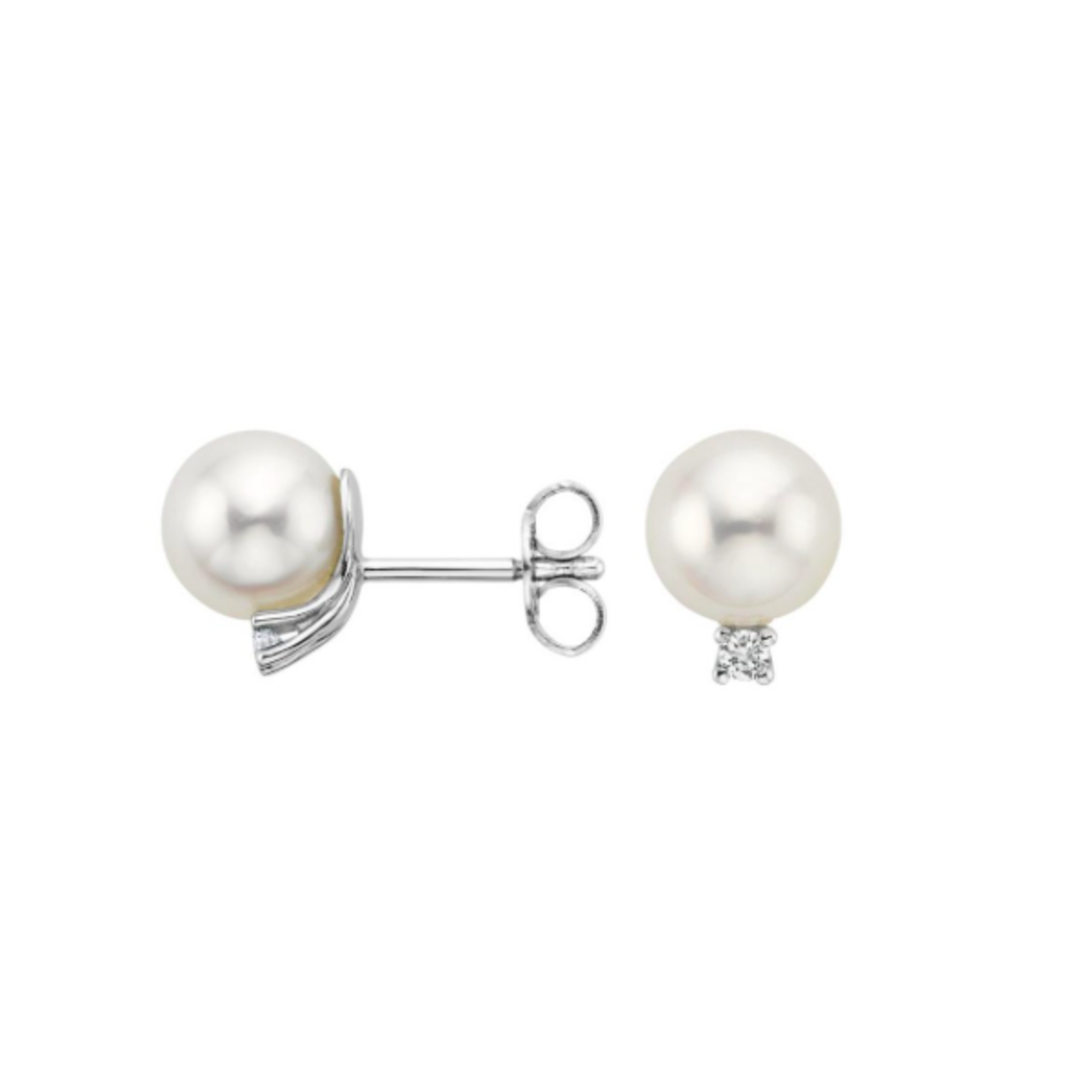 14KW Gold Akoya Cultured Pearl 6.5mm & Diamond 0.04ctw Stud Earrings