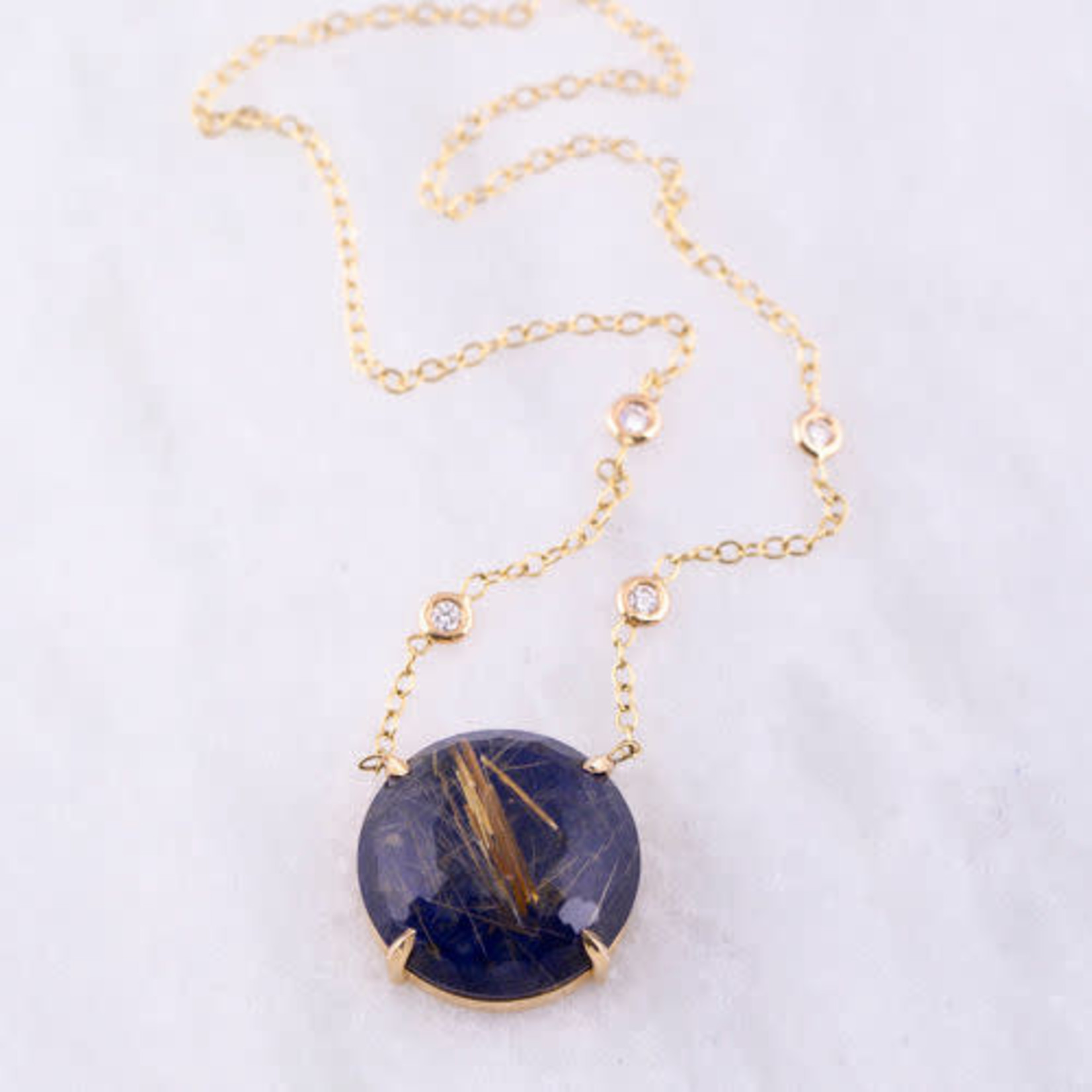 18K Yellow Gold Rutilated Quartz & Lapis Doublet and  Diamond Necklace