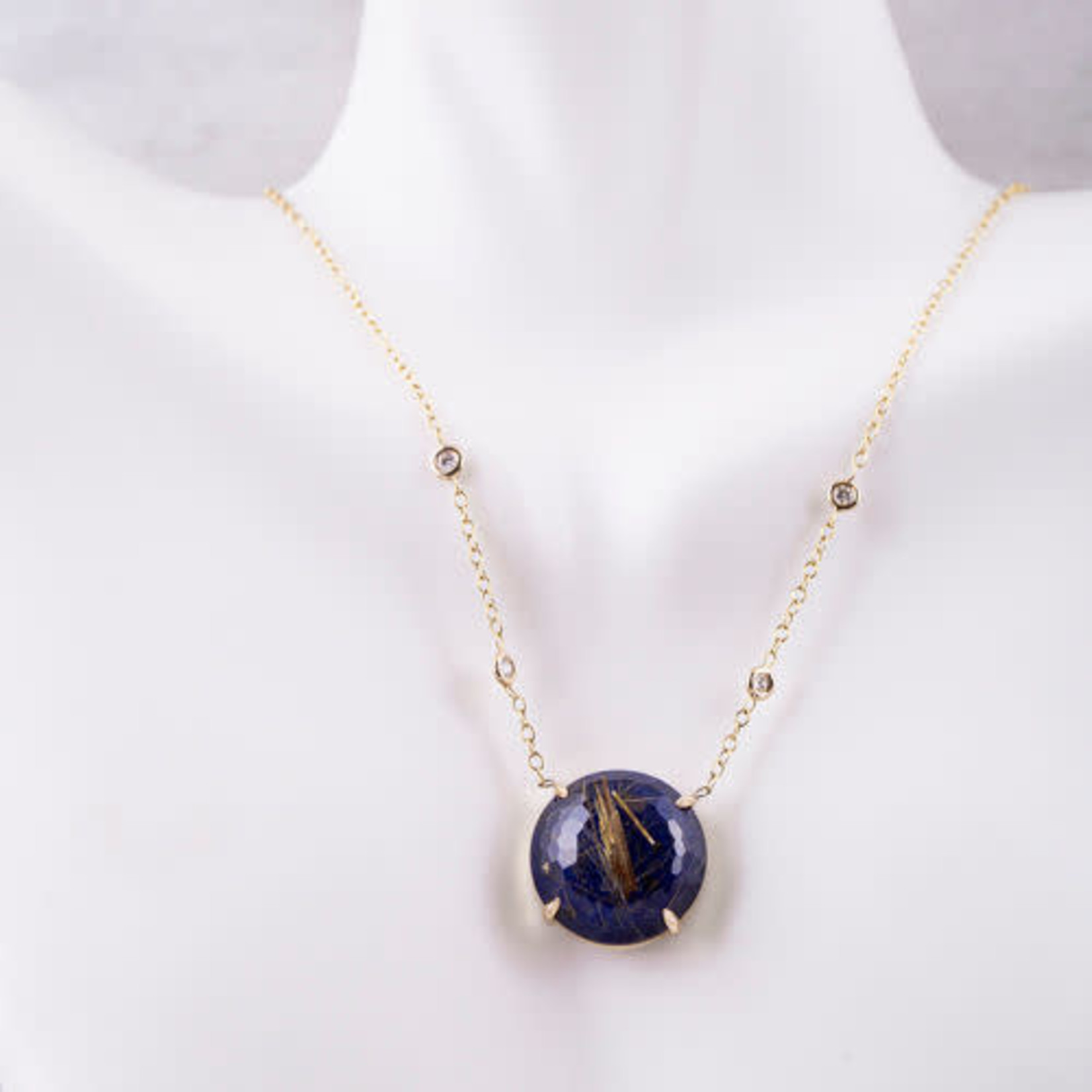 18K Yellow Gold Rutilated Quartz & Lapis Doublet and  Diamond Necklace