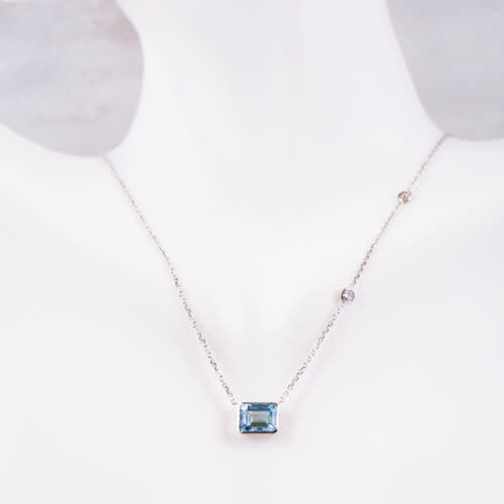 14K White Gold Aqua Blue Topaz & Diamond Bezel Pendant