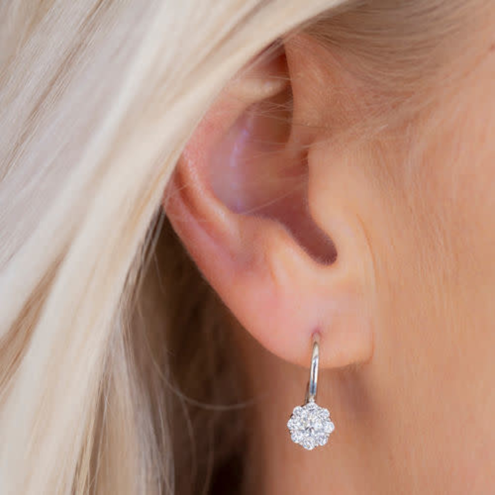 14K White Gold Diamond Flower Cluster Drop Earrings