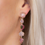 14K Rose Gold Carved Pink Tourmaline, Rose Quartz & Green Amethyst Drop Earrings
