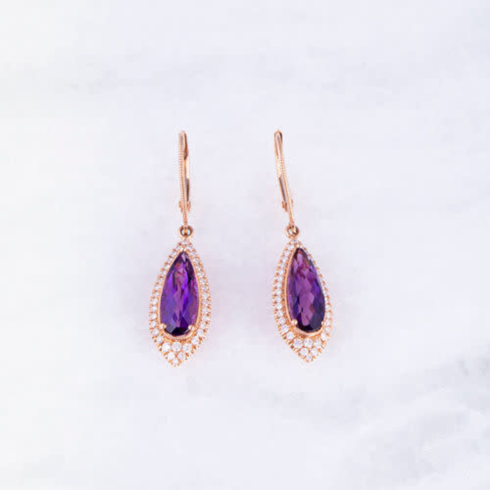 14K Rose Gold Amethyst & Diamond Drop Earrings