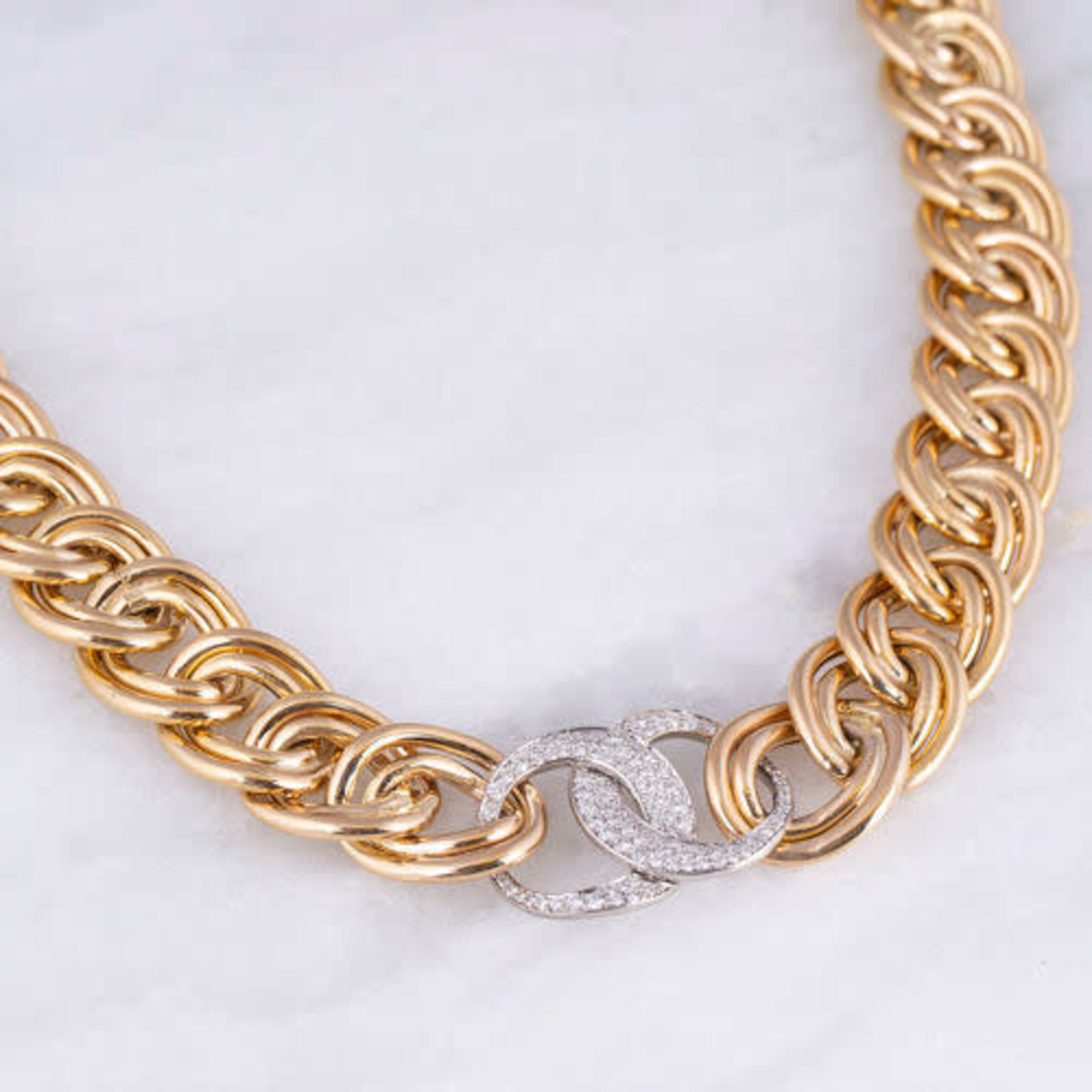 14K Yellow Gold & Platinum Pave Diamond 1ctw Crescent Link Necklace 18"