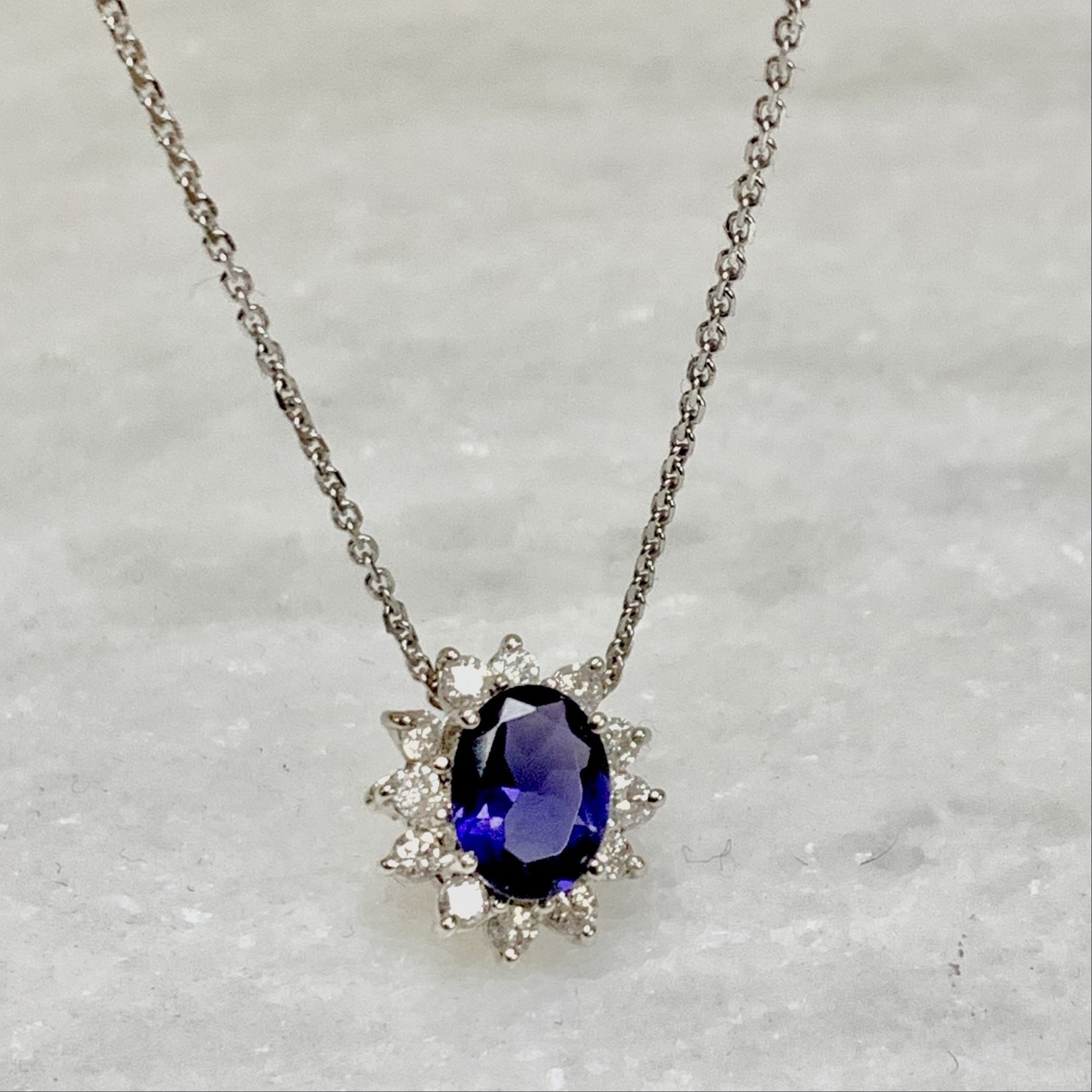 14K White Gold Oval Iolite & Diamond Pendant
