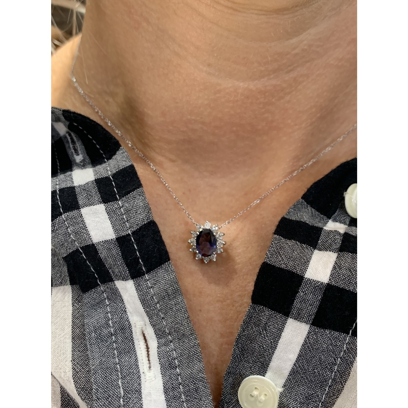 14K White Gold Oval Iolite & Diamond Pendant