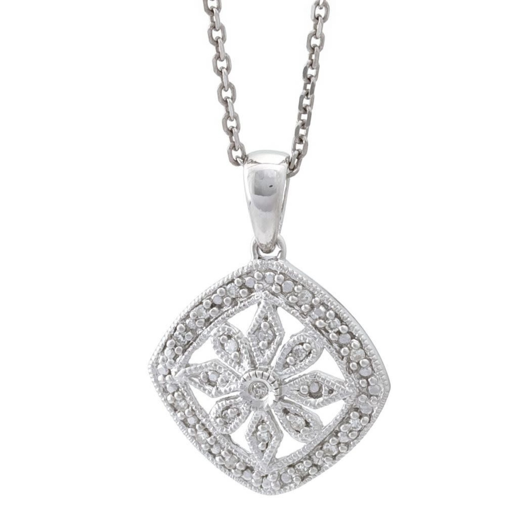 Sterling Silver Diamond Filigree Cushion Shape Pendant