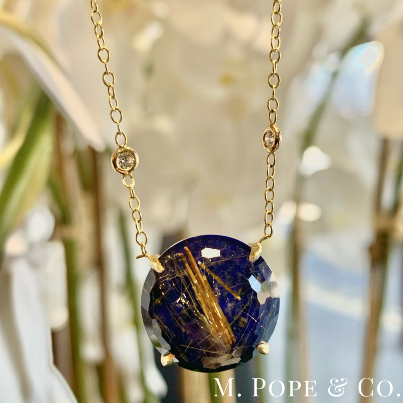 18K Yellow Gold Rutilated Quartz & Lapis Doublet and  Diamond Necklace