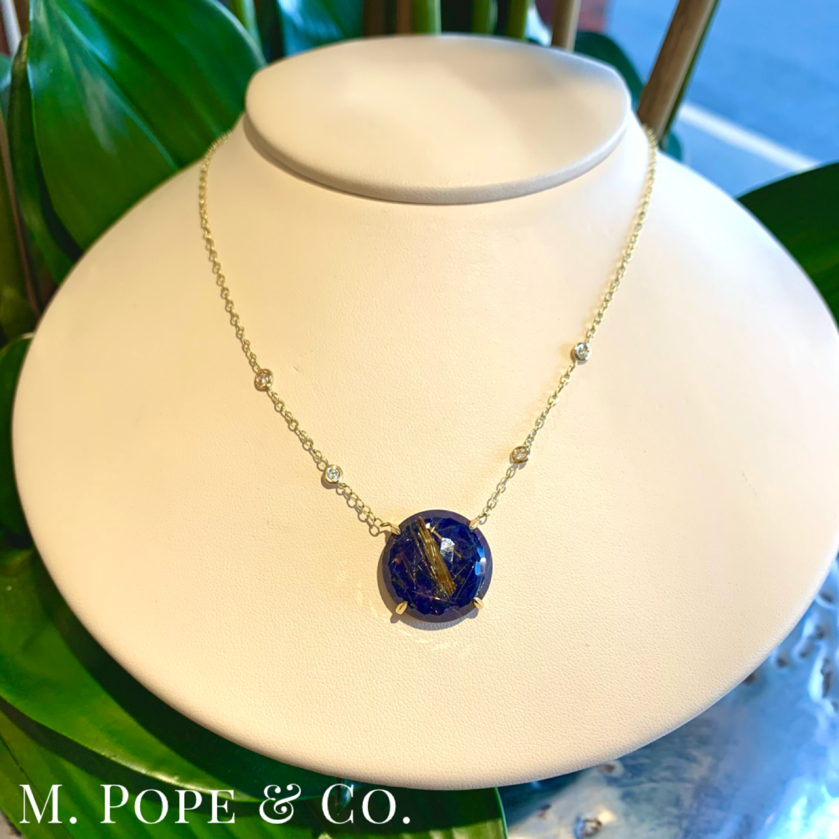 18K Yellow Gold Rutilated Quartz & Lapis Doublet and  Diamond Necklace