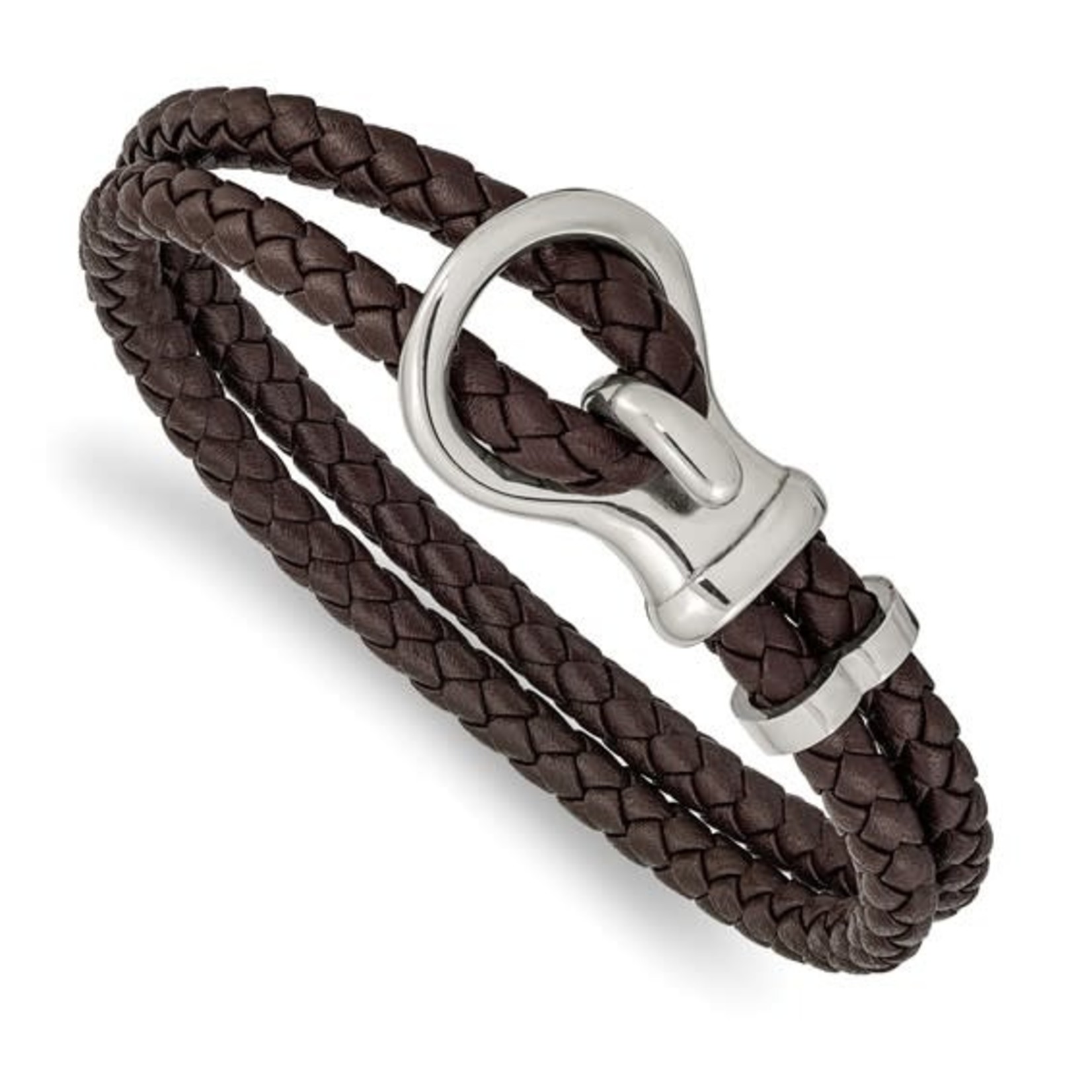 Dark Chestnut Braided Leather & Stainless Steel Bracelet