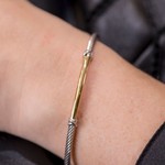 18K Yellow Gold Sterling Silver Cable Bar Bangle 0.03ctw