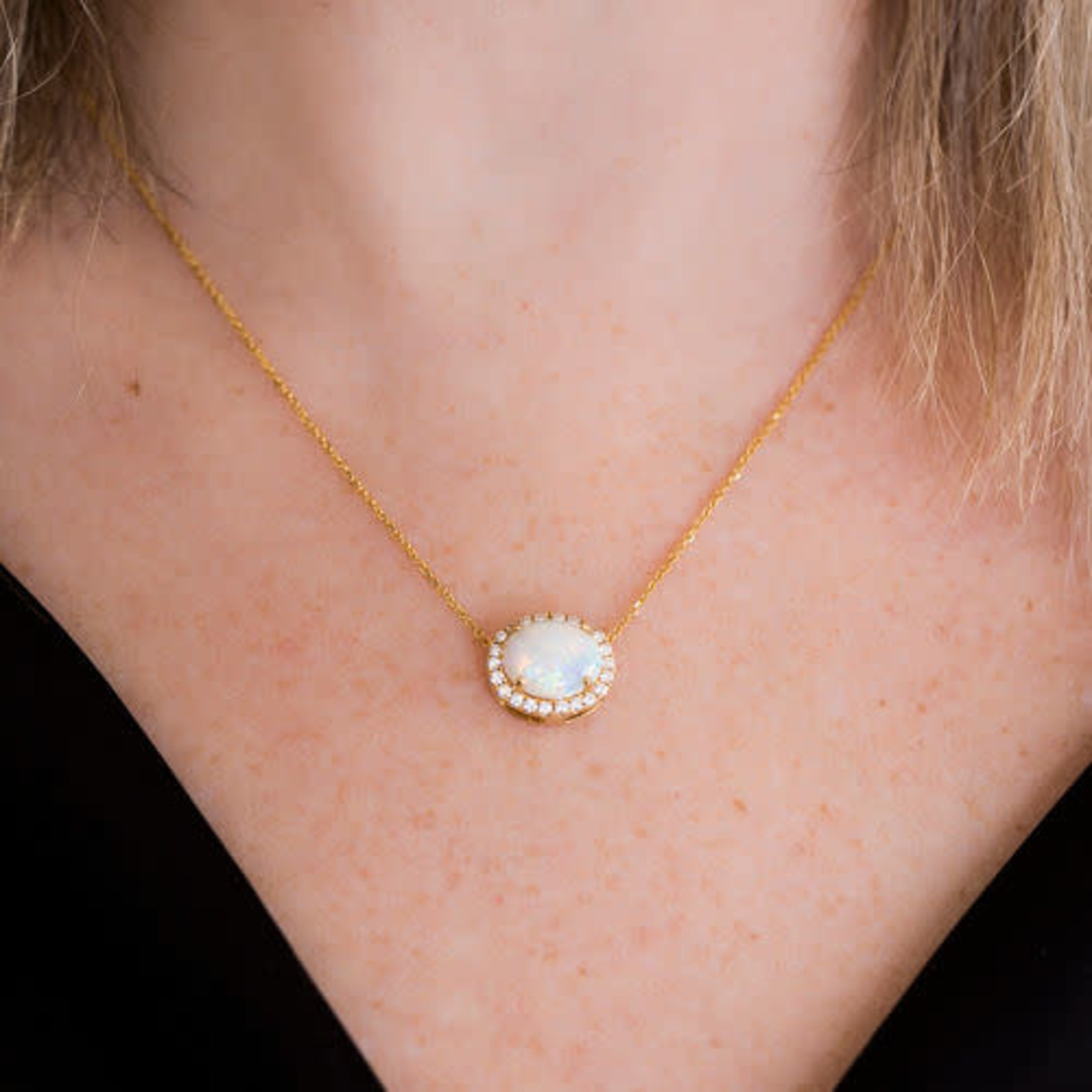 14K Yellow Gold Opal & Diamond Oval Pendant