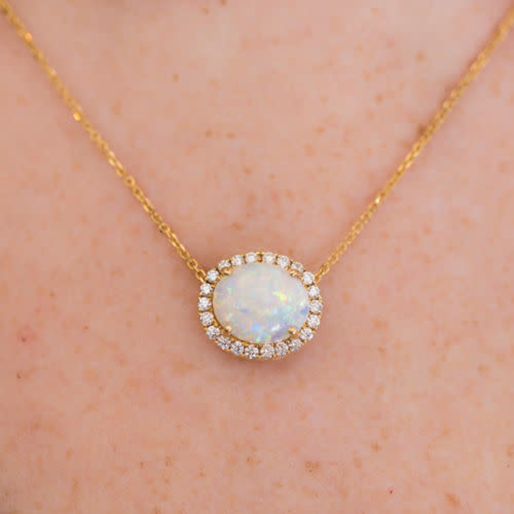 14K Yellow Gold Opal & Diamond Oval Pendant