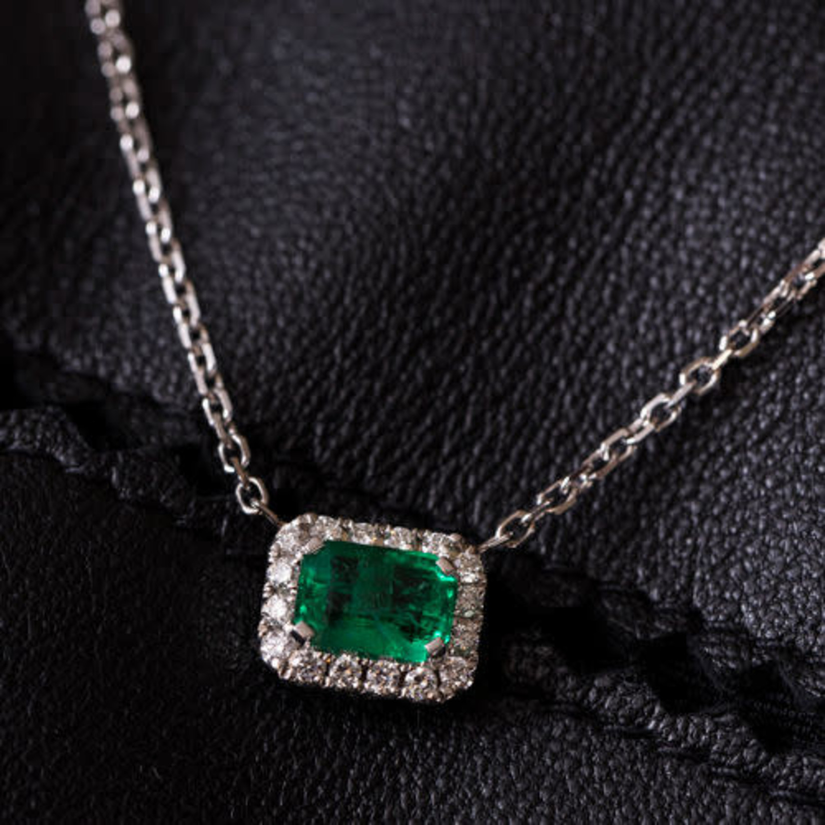 18KW Gold Emerald & Diamond East West Halo Pendant