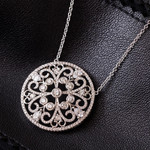 14K White Gold Round Diamond Filigree Medallion Necklace