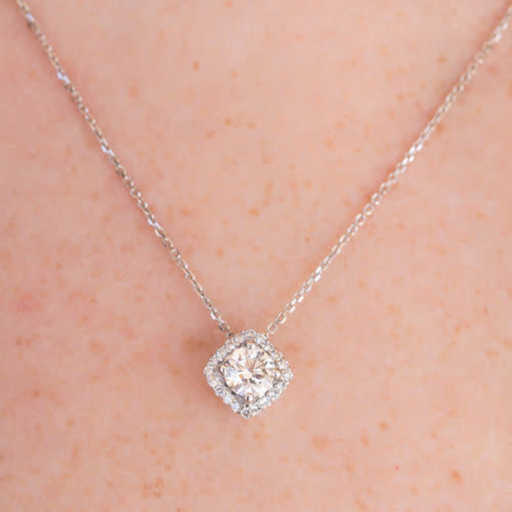 14K White Gold Round Diamond Cushion Halo Pendant