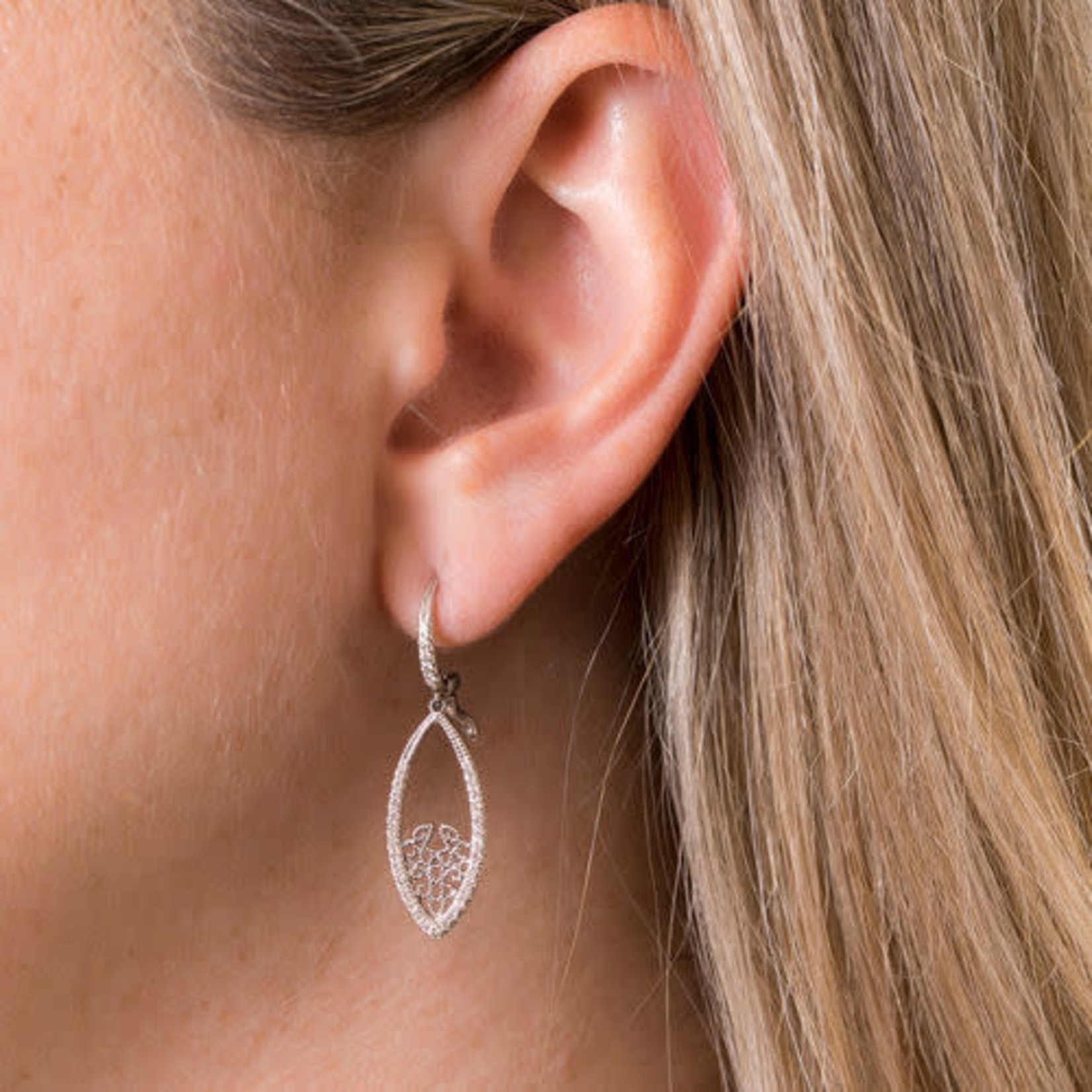 14K White Gold Diamond Filigree Lace Drop Earrings