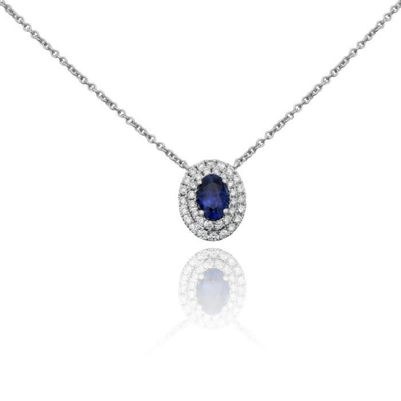 14KW Gold Oval Blue Sapphire Double Halo Pendant