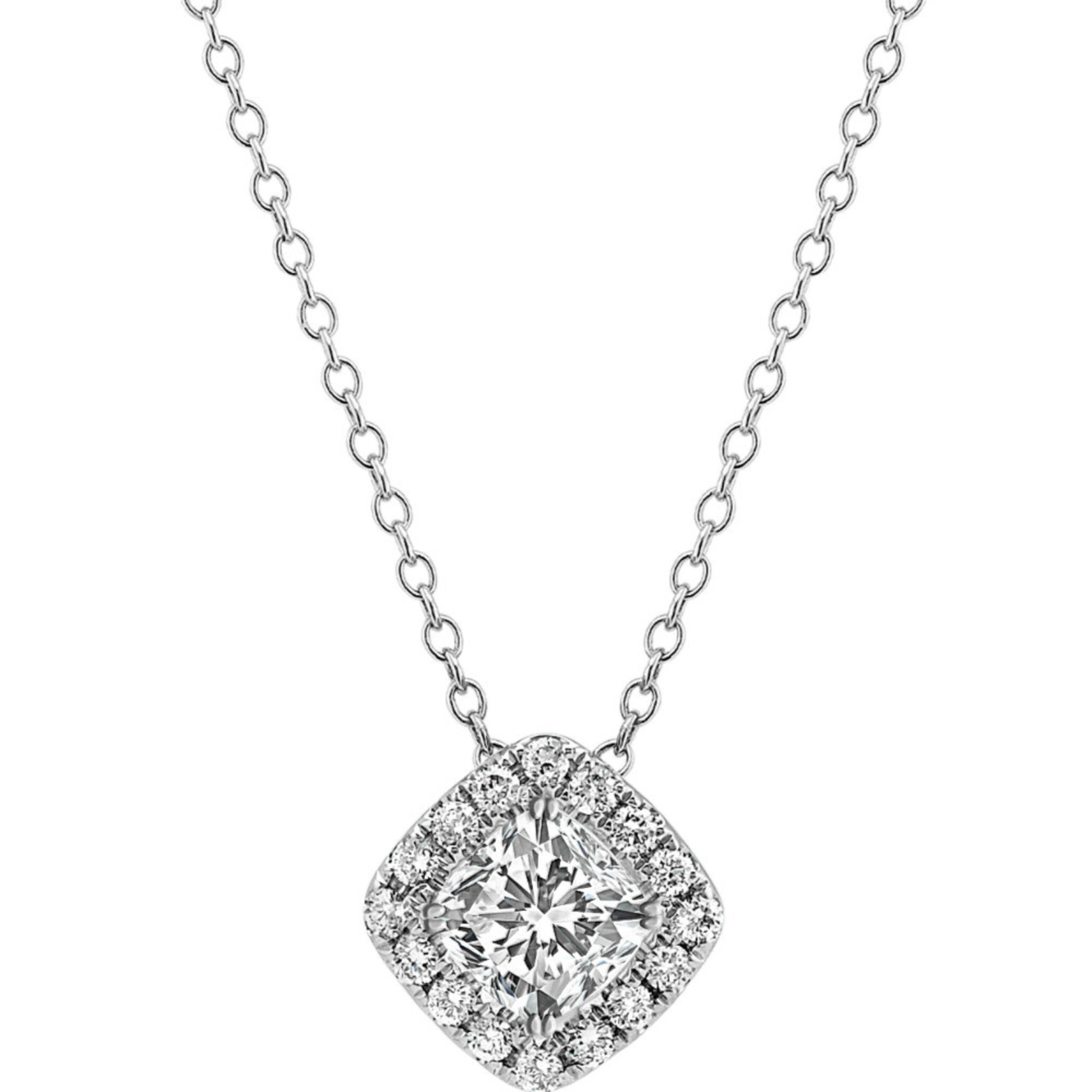 14K White Gold Round Diamond Cushion Halo Pendant