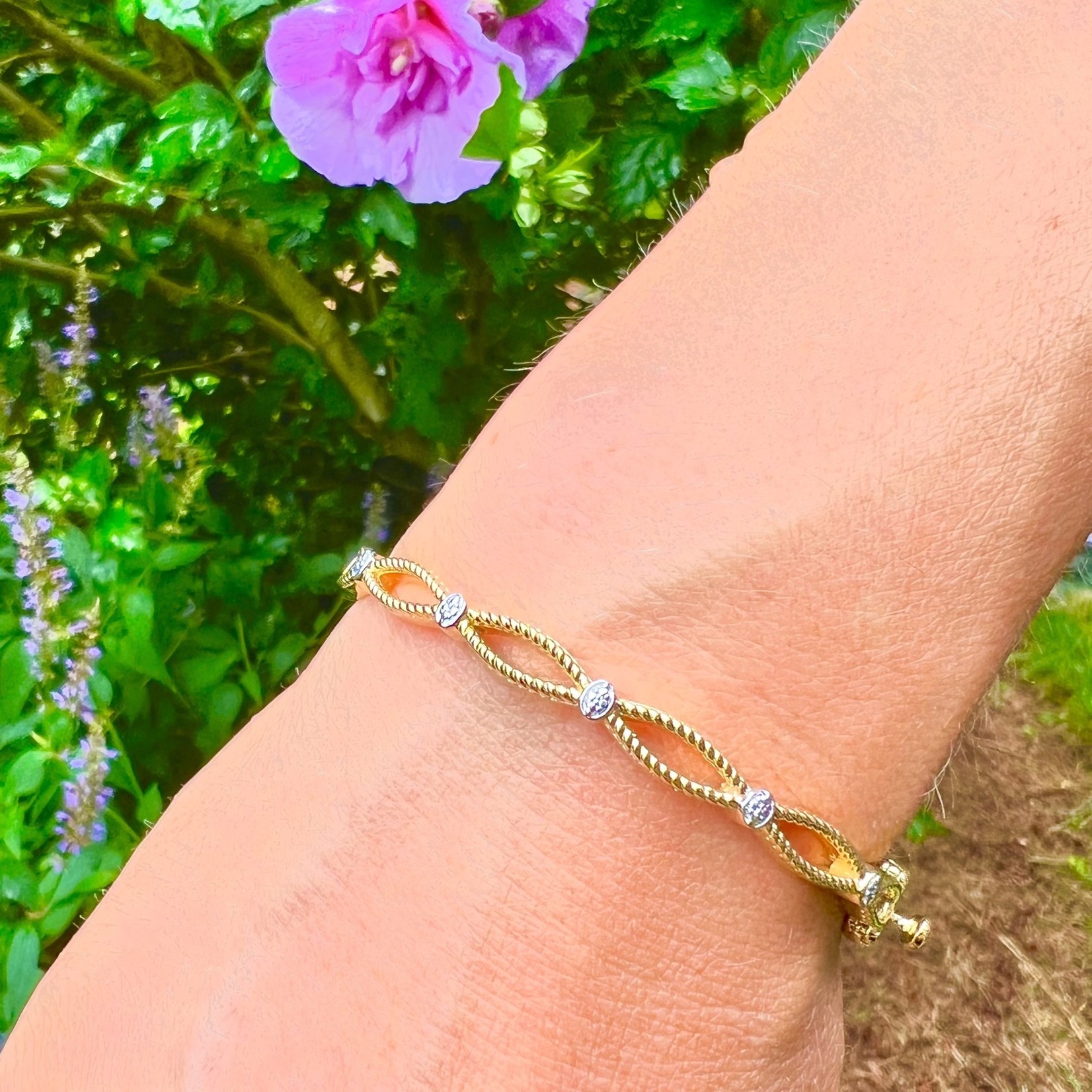 14K Gold Sterling Silver Diamond Open Rope Bangle