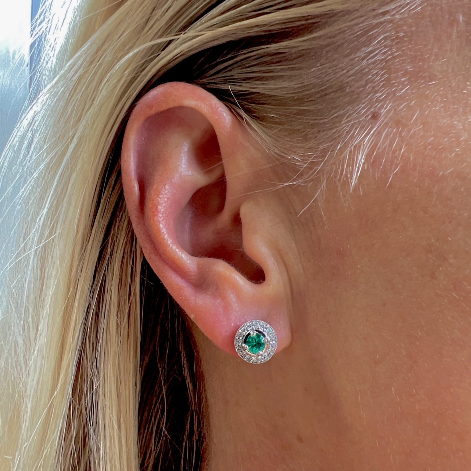 18K White Gold Emerald & Diamond Halo Stud Earrings