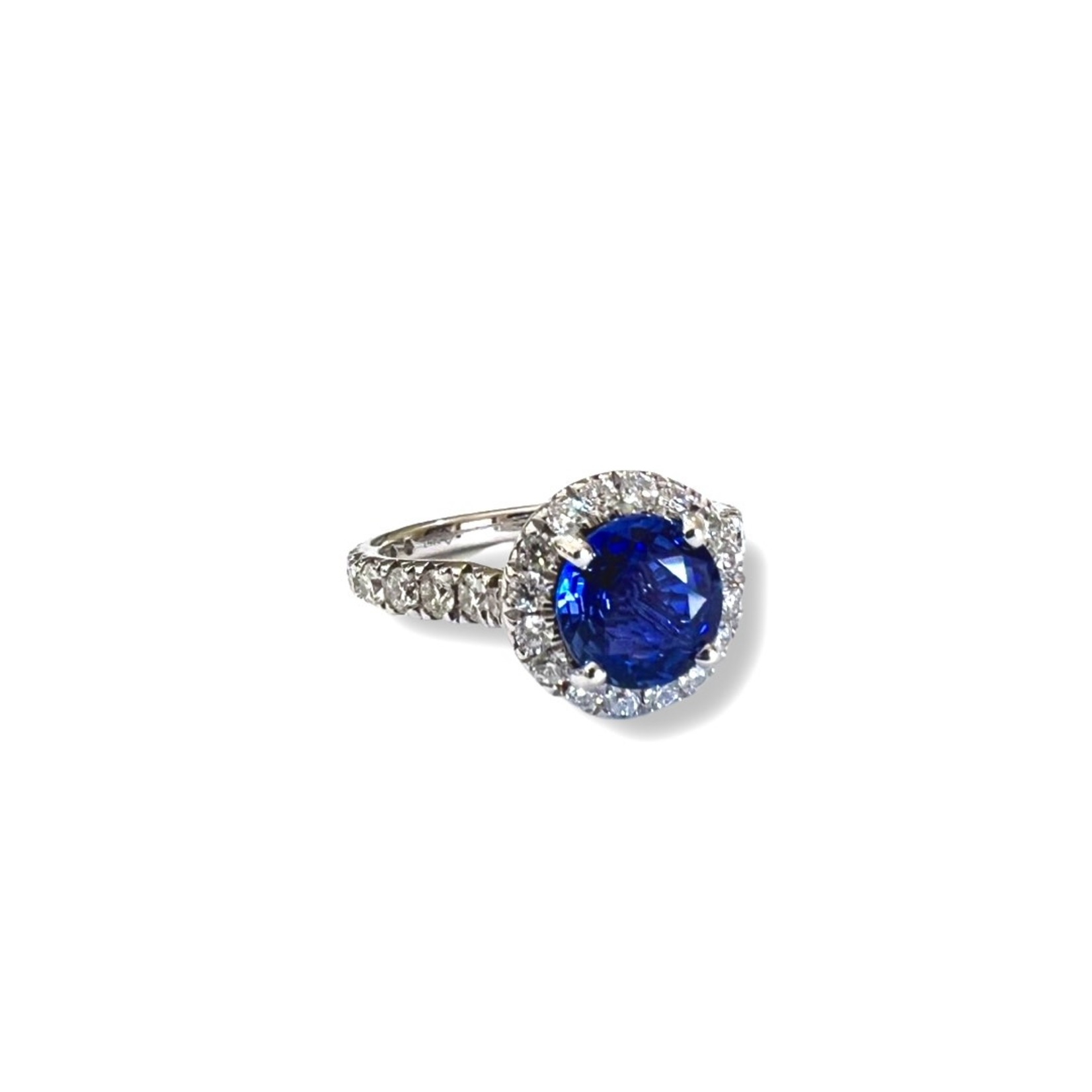 14K White Gold Round Blue Sapphire & Diamond Halo Ring