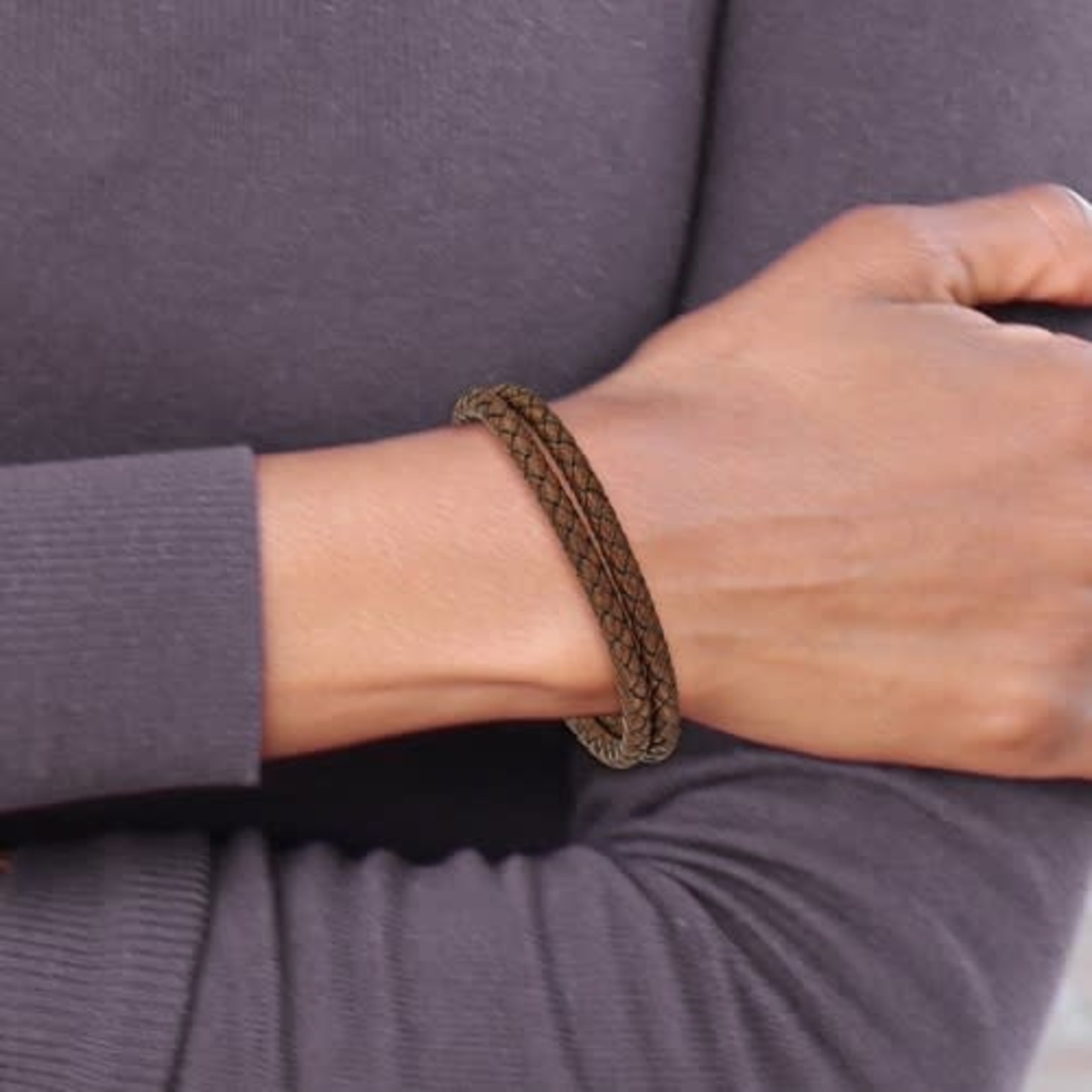 Double Row Chestnut Braided Leather Bracelet