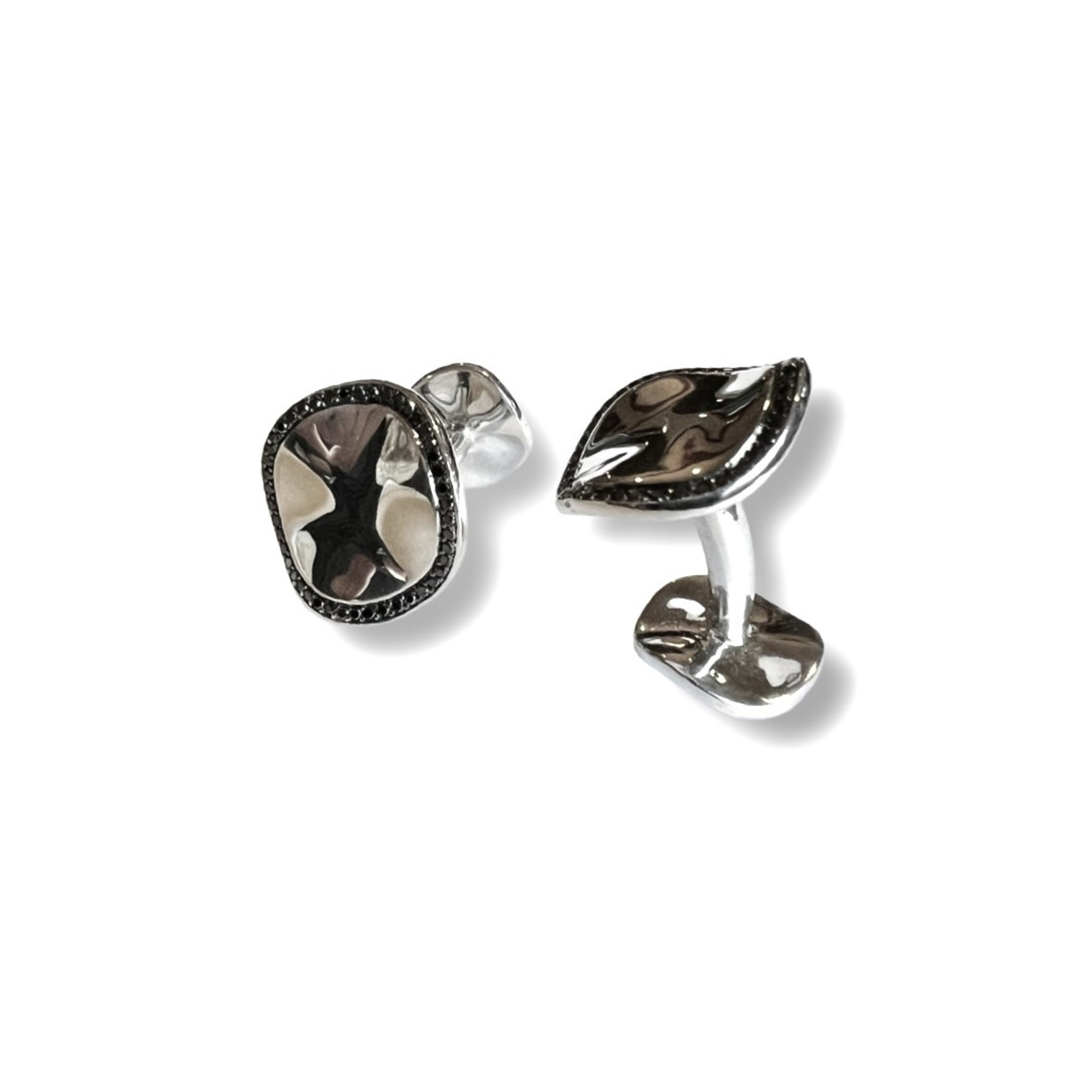 Sterling Silver Black Diamond Wavy Disc Cufflinks