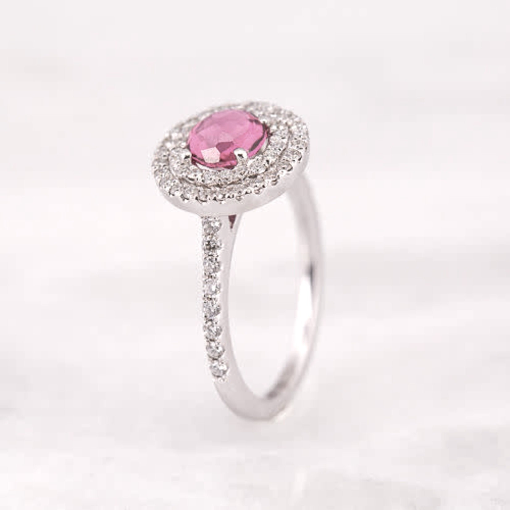 14K White Gold Double Halo Pink Tourmaline & Diamond Ring