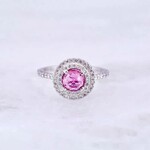 14K White Gold Double Halo Pink Tourmaline & Diamond Ring