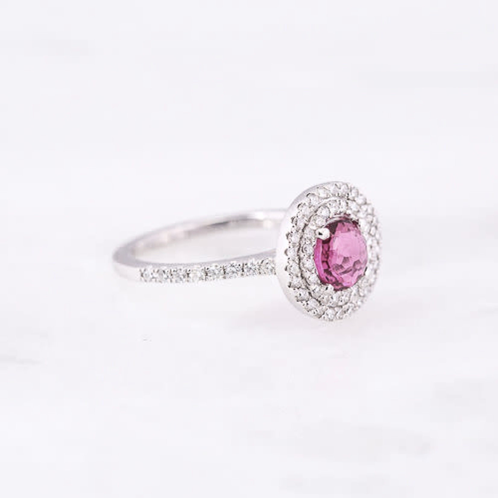 14K White Gold Double Halo Pink Tourmaline & Diamond Ring