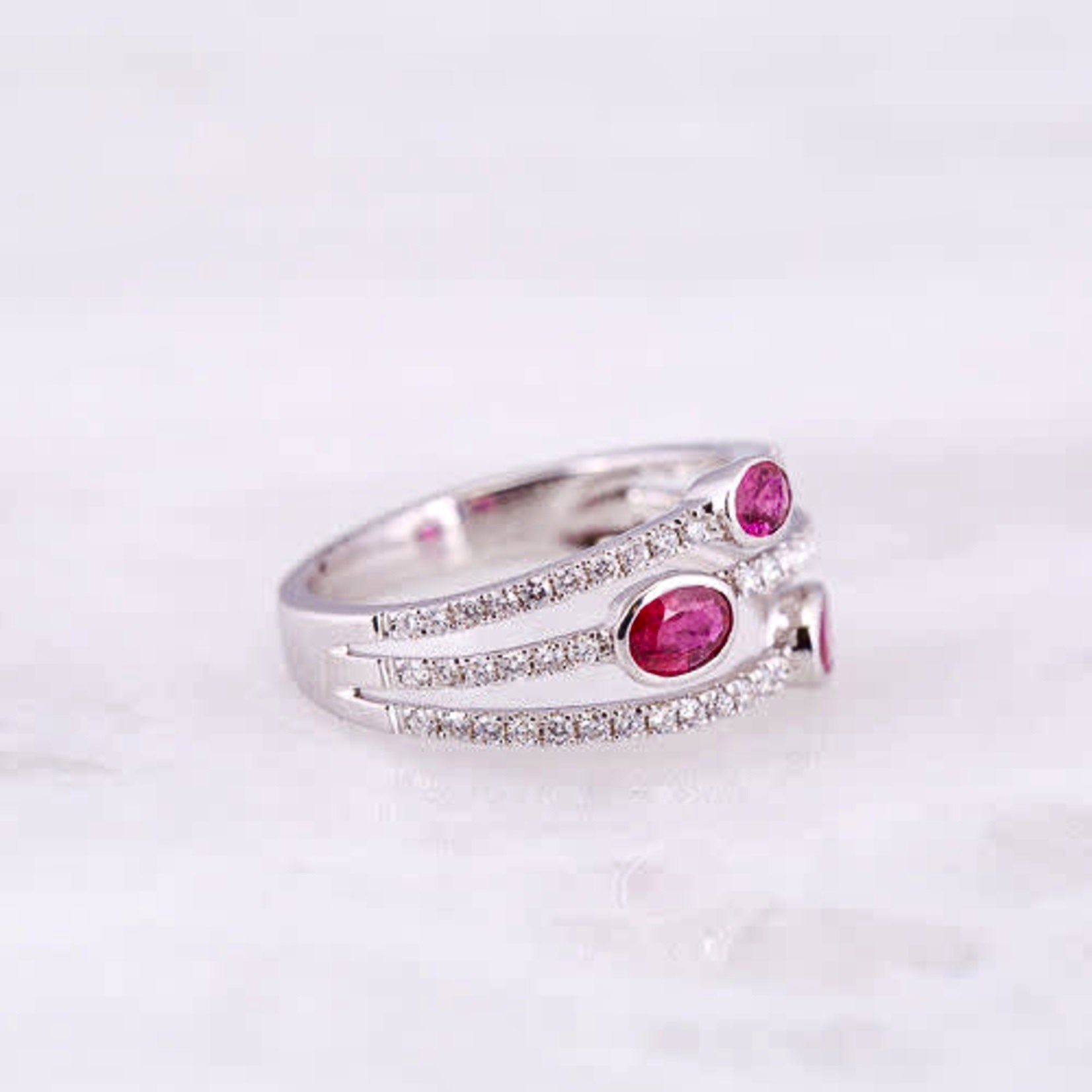 18K White Gold Ruby & Diamond Trio Band