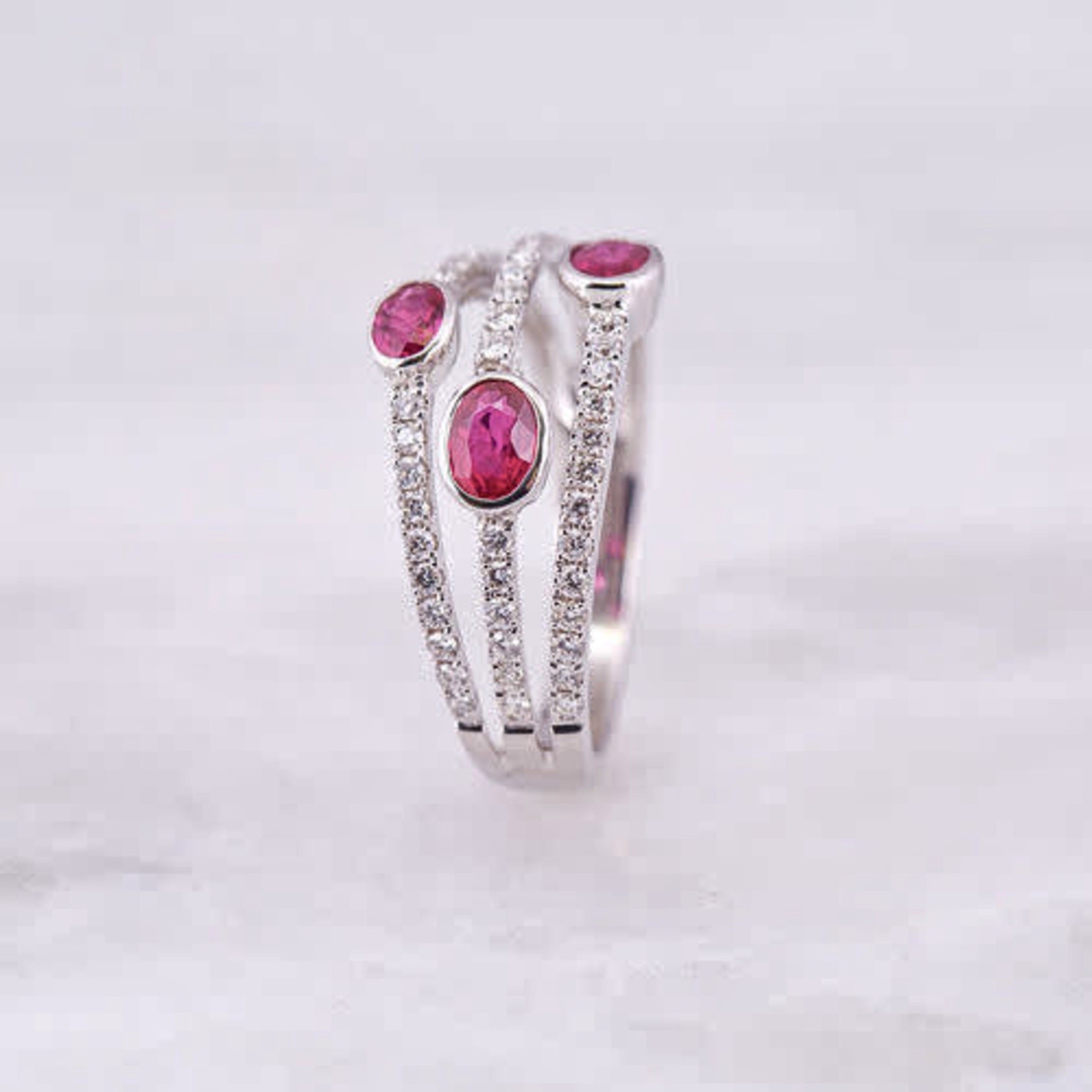 18K White Gold Ruby & Diamond Trio Band