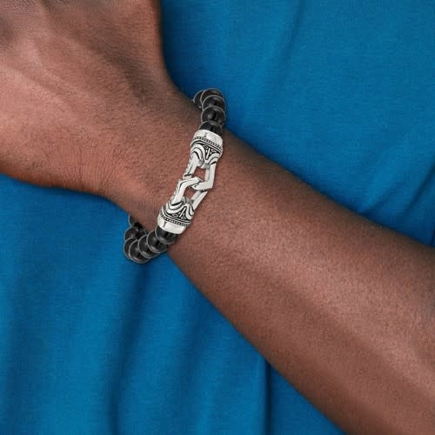 Carved Steel & Black Agate Bead Bracelet